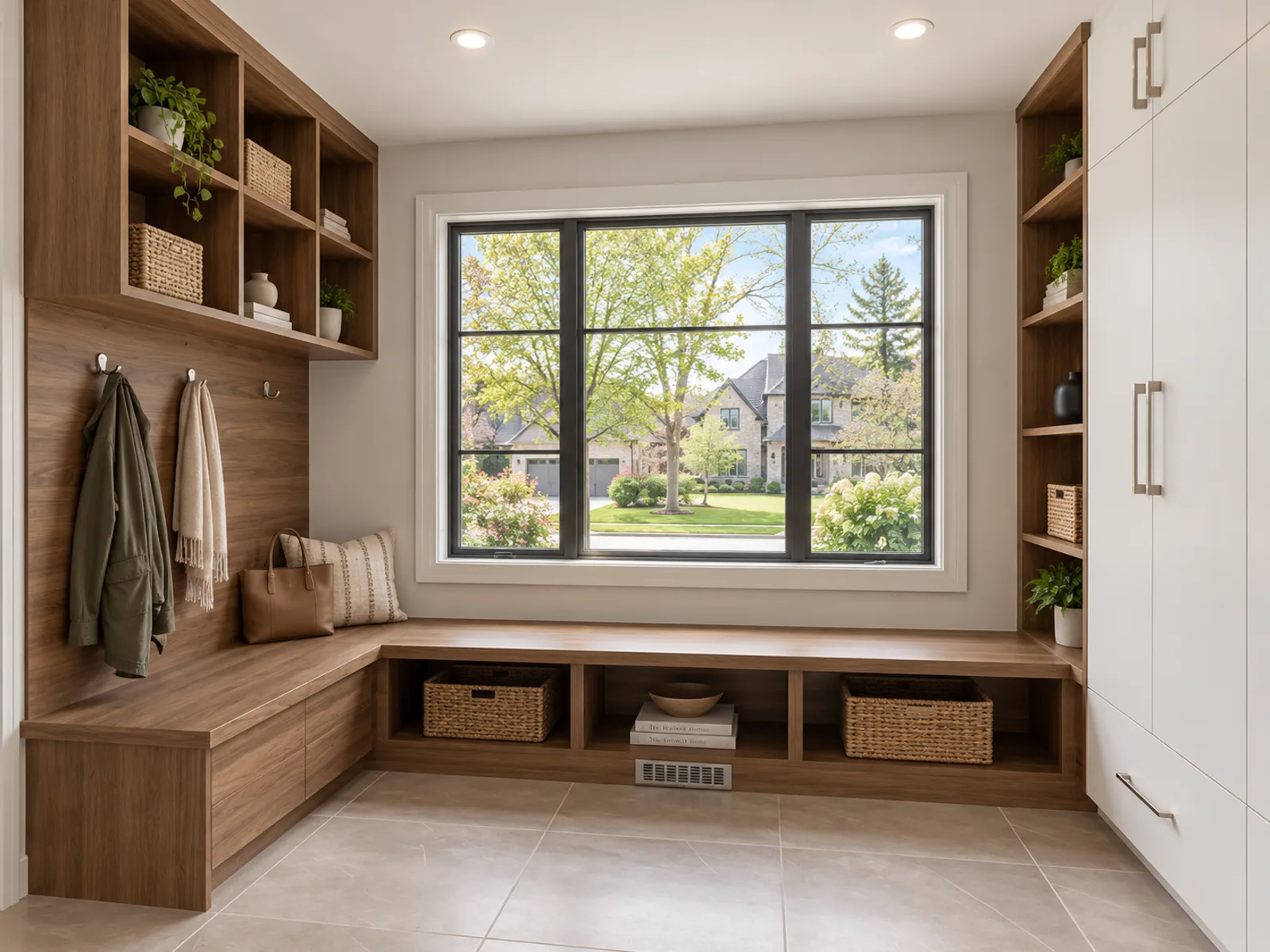 Completed Roomidea mudroom with an L-shaped wood-toned window bench, open display shelves, basket cubbies and tall closed cabinets