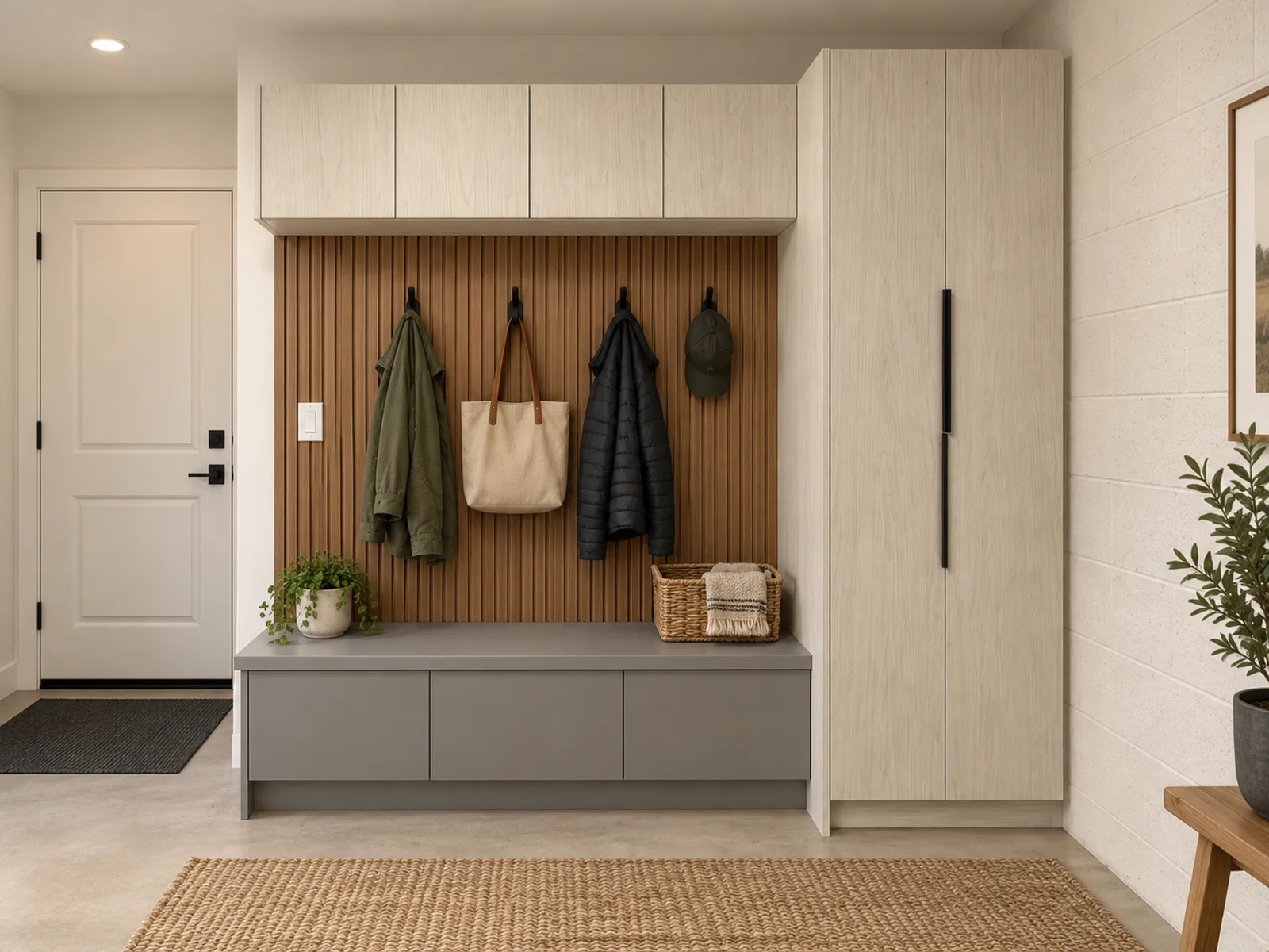 Completed Roomidea mudroom with a slatted wood hook wall, long drawer bench, overhead cabinets and full-height storage
