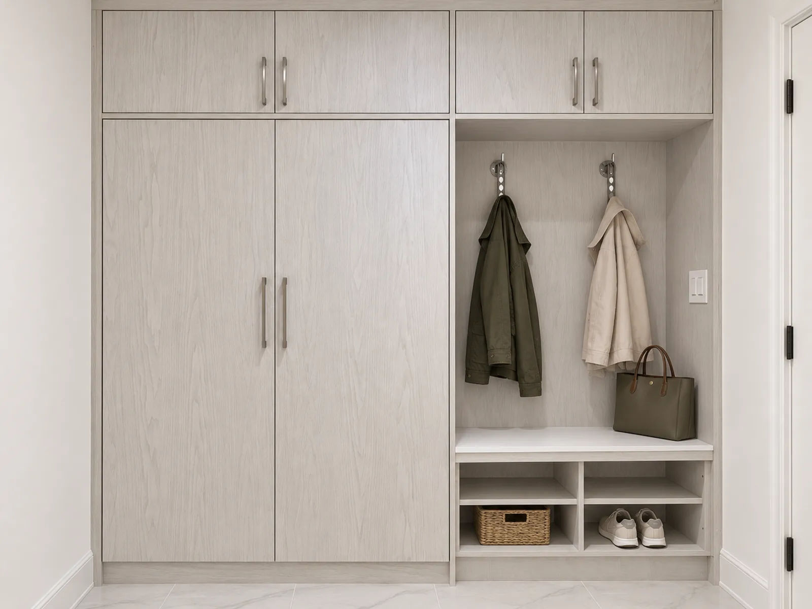 Completed Roomidea mudroom with full-height closed cabinets, a hook bay, bench, open shoe cubbies and overhead storage