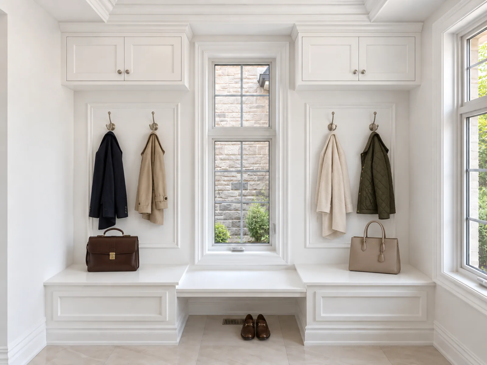 Completed traditional-style entryway with two profiled window benches, coat hooks and matching upper cabinets