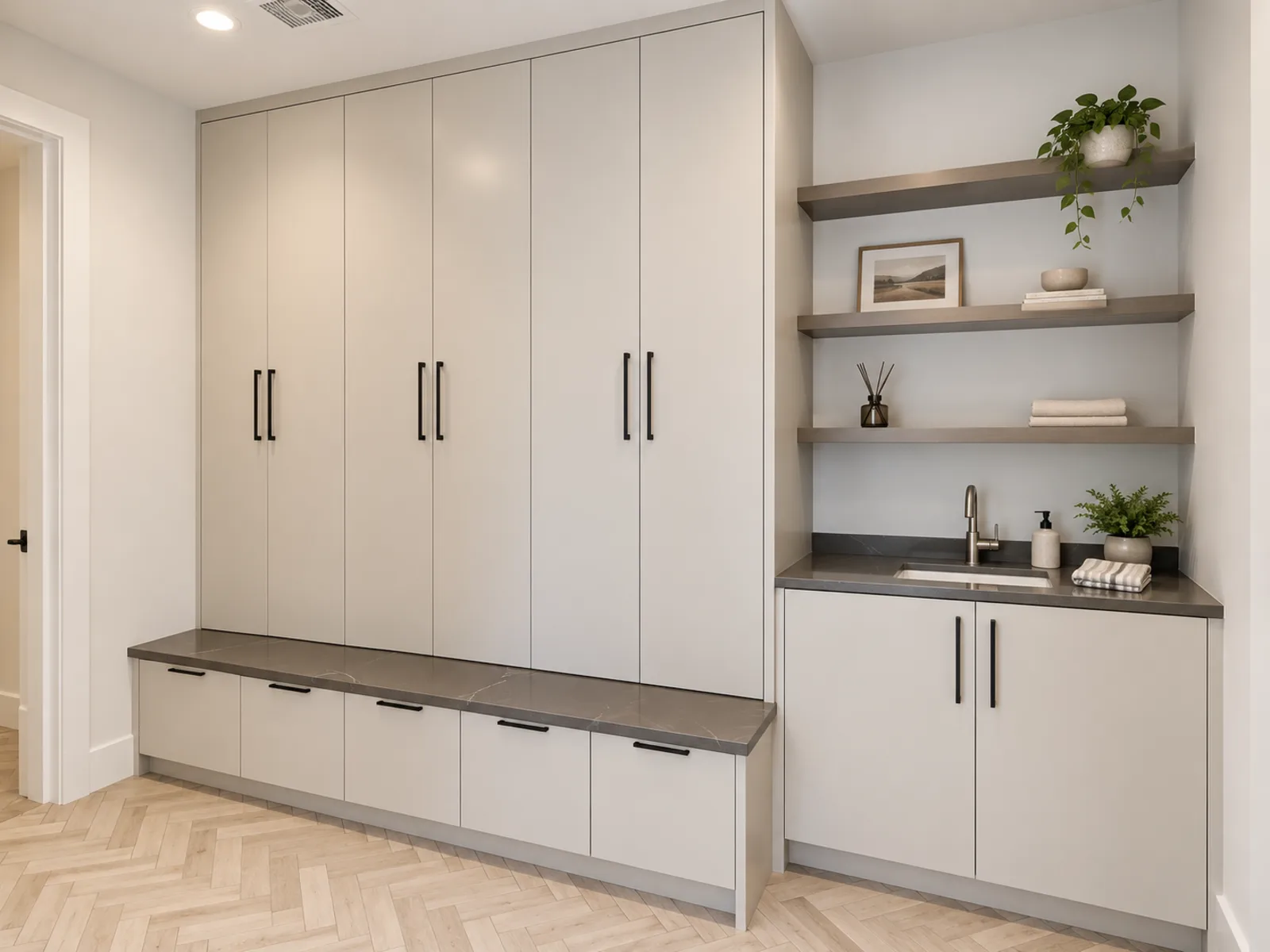 Completed Roomidea mudroom with a long drawer bench, tall closed cabinets, utility sink cabinet and open display shelves