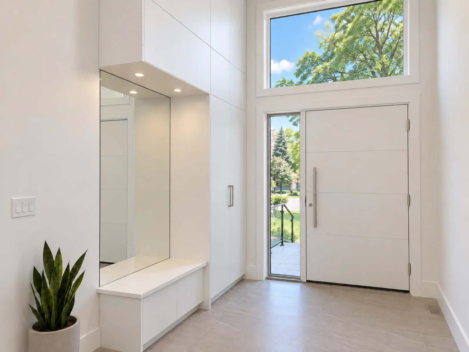 Completed Roomidea entryway with a compact bench, tall mirror, overhead lighting and full-height closed cabinets near the front door