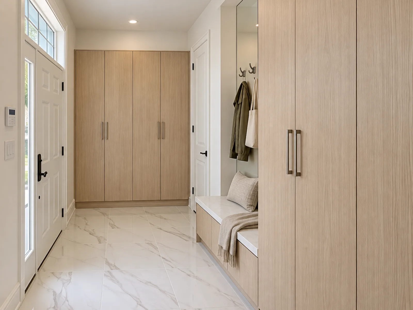 Completed Roomidea entryway with wood-toned tall cabinets, an integrated bench, wall hooks and closed storage along both sides