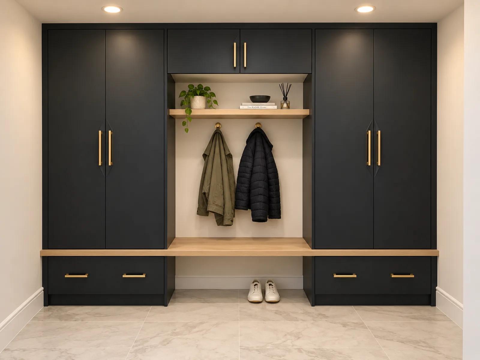Completed Roomidea mudroom with dark tall cabinets, gold-toned hardware, a central hook bay, open shelf, bench and drawers