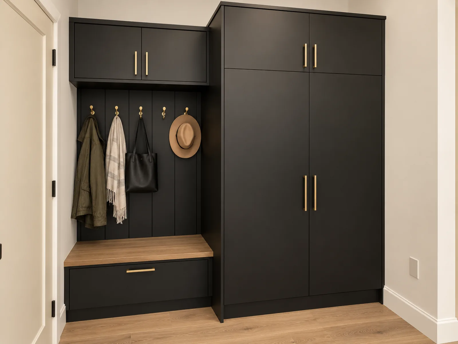 Completed Roomidea mudroom with dark cabinetry, a bench drawer, coat hooks, overhead storage and a full-height cabinet