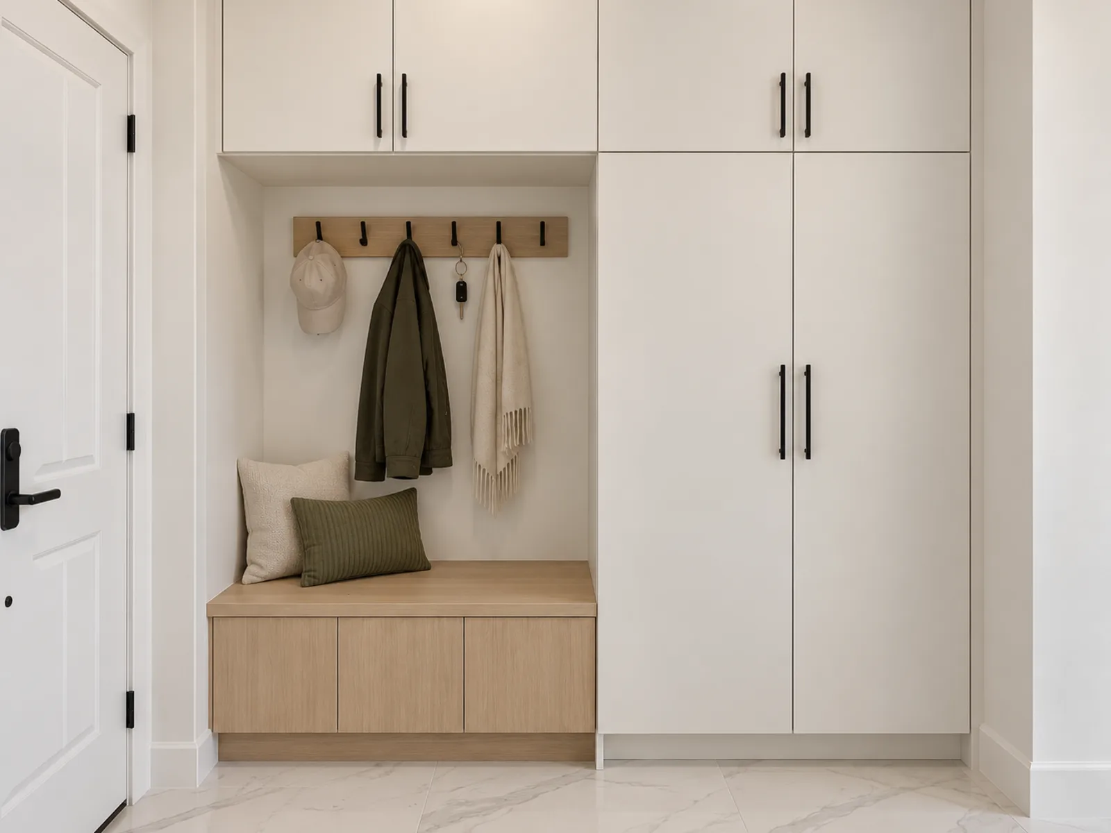 Completed Roomidea mudroom with white tall cabinets, overhead storage, a wood-toned bench, wall hooks and closed base compartments