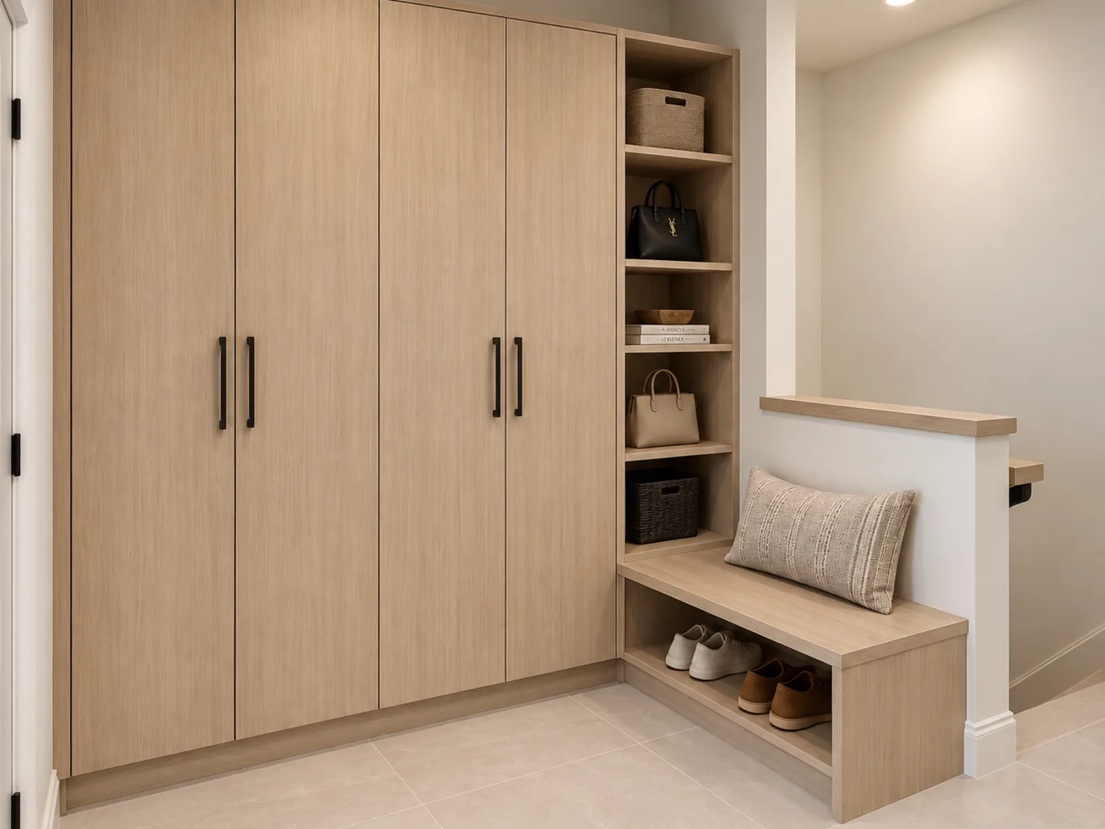 Completed Roomidea entryway with wood-toned tall cabinets, open shelves, a compact bench and open shoe storage
