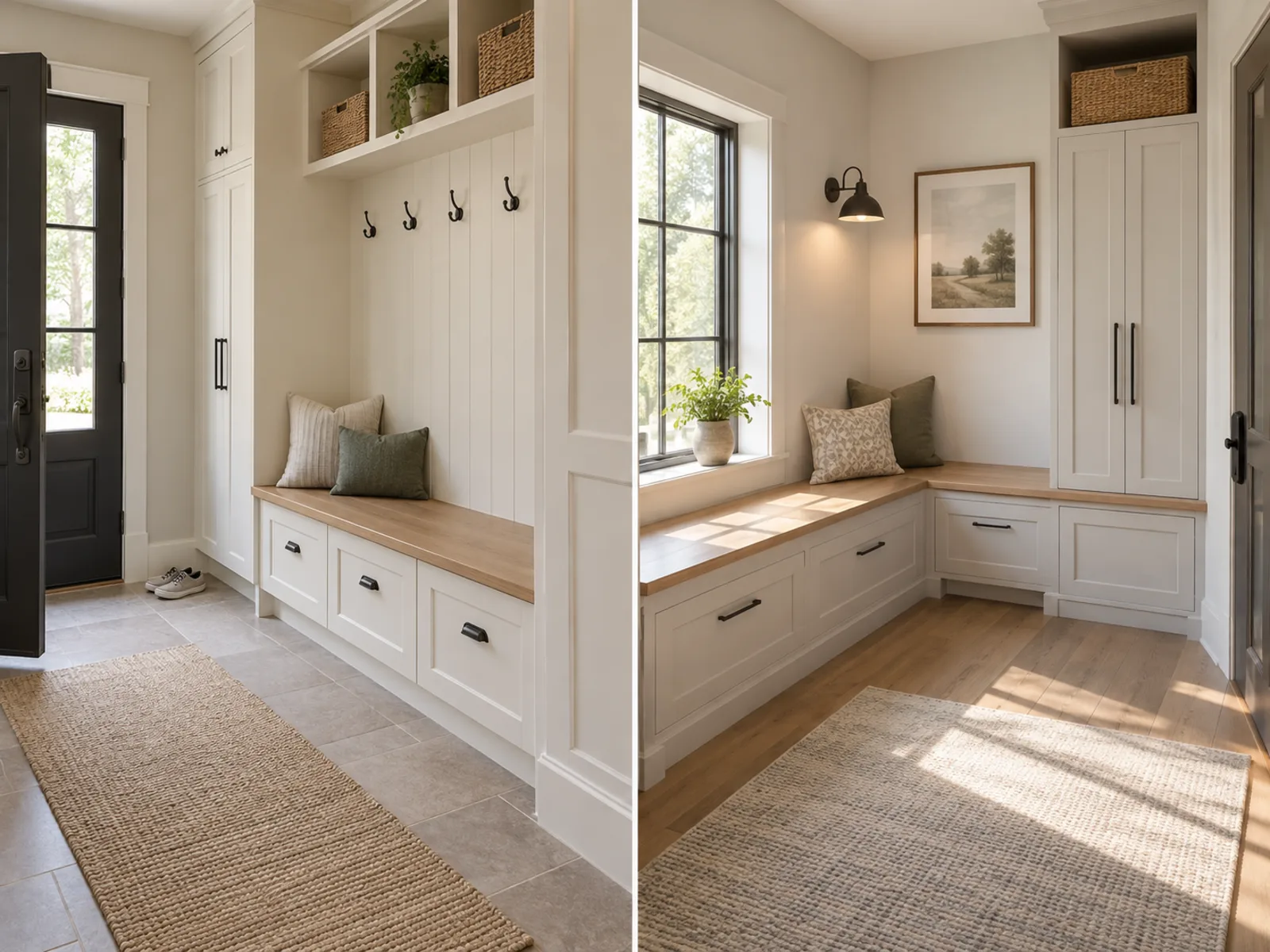 Planning concepts comparing a straight built-in entryway bench with an L-shaped corner bench and coordinated cabinetry.