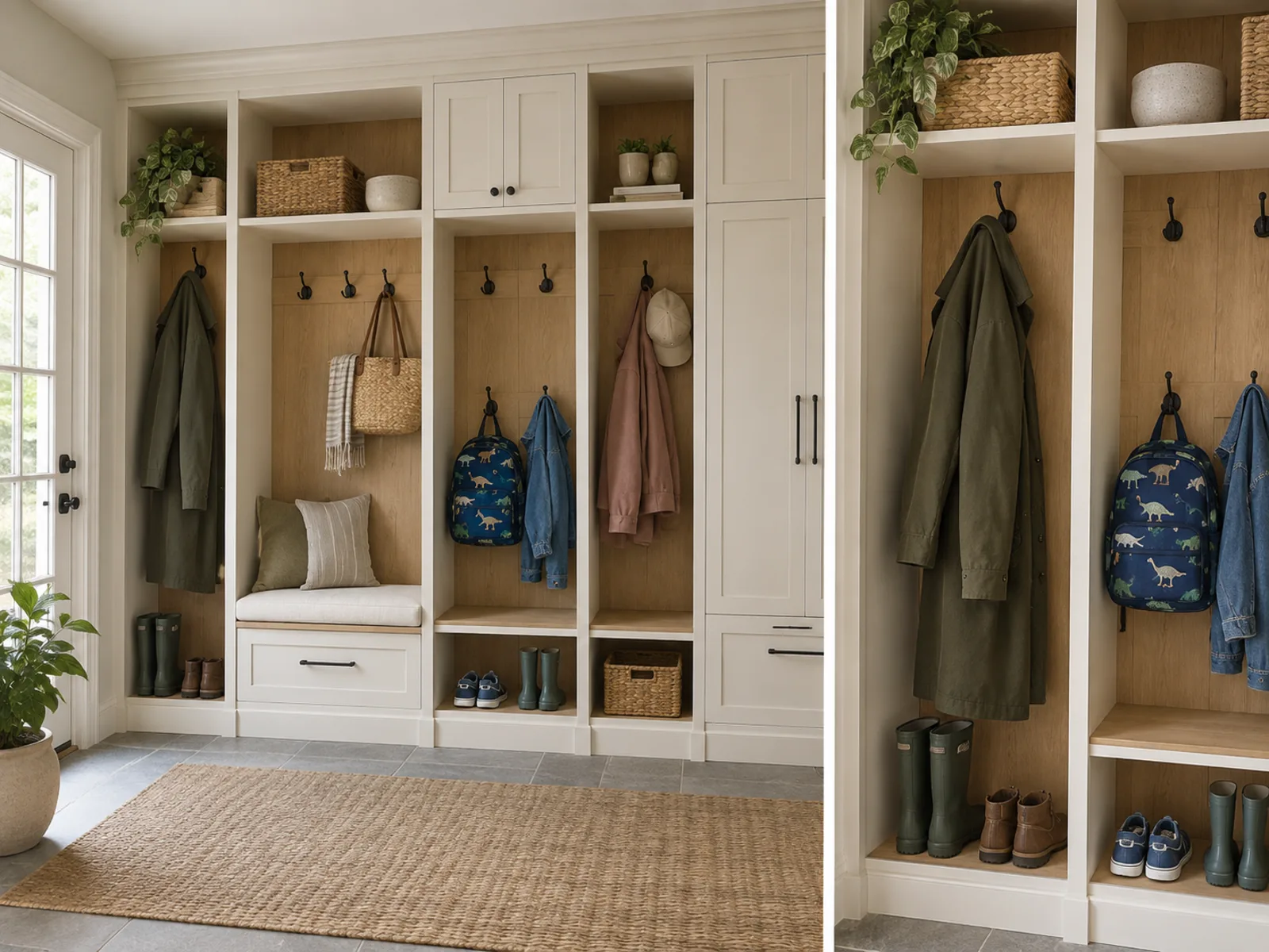 Family mudroom storage with divided coat bays, adult and child-height hooks, overhead cubbies, closed cabinets and a usable bench.
