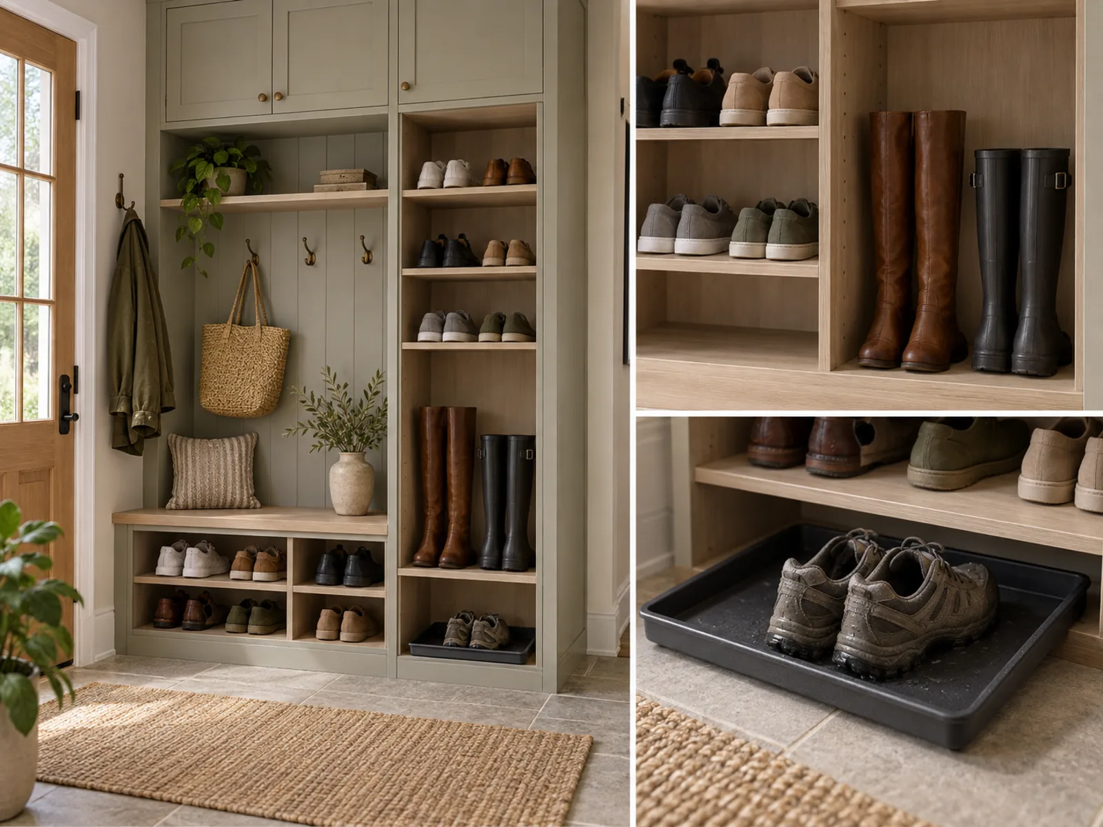 Mudroom shoe storage with adjustable shelves, a tall boot compartment and a removable tray for wet footwear.