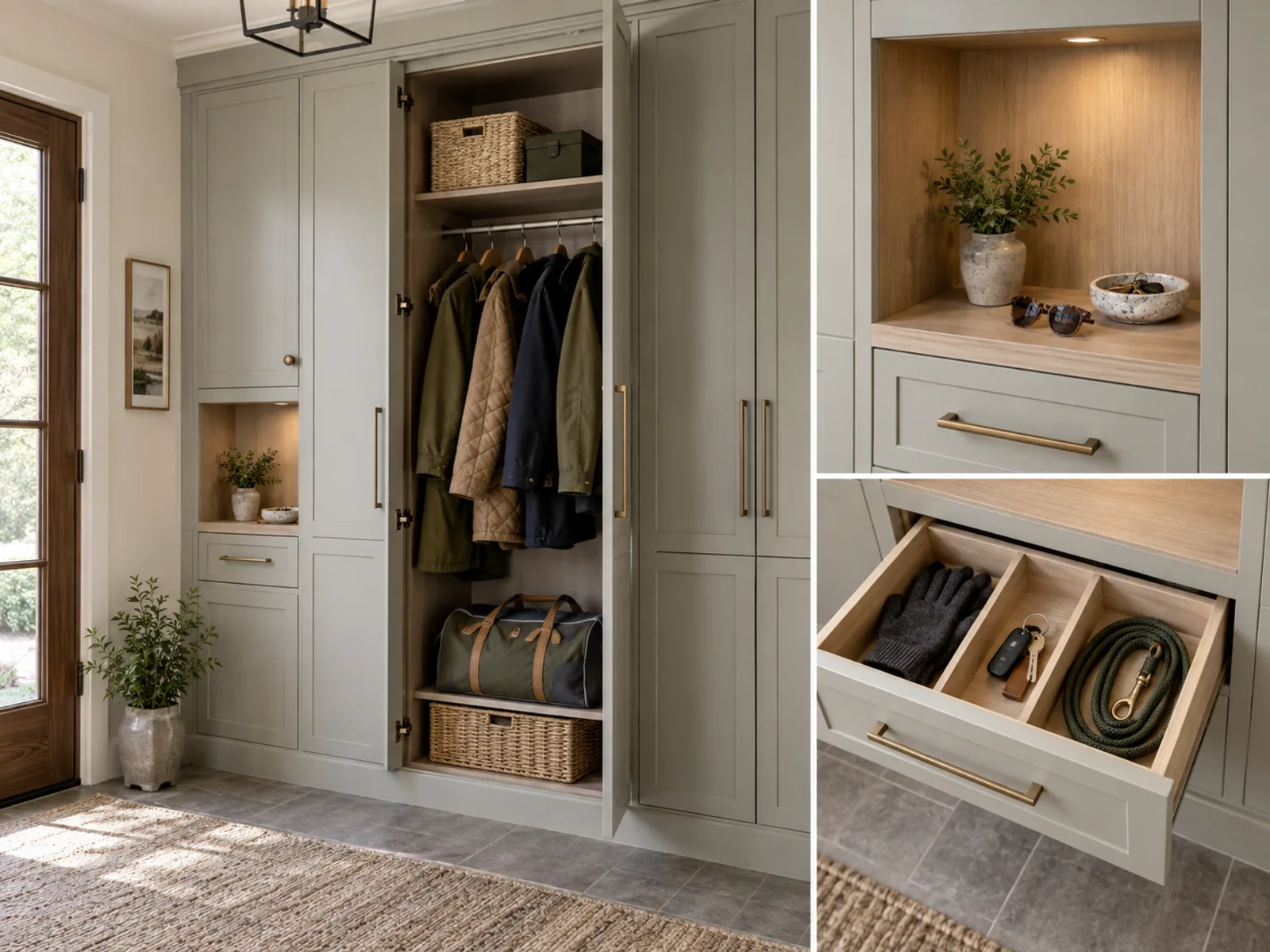 Mudroom cabinetry with tall seasonal storage, a drop-zone shelf and a divided drawer for keys, gloves and pet leashes.
