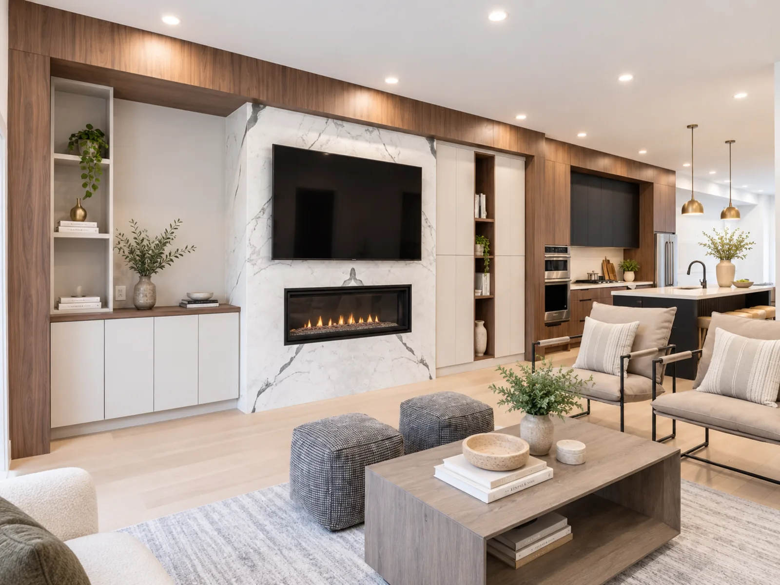 Completed Roomidea media wall with warm woodgrain panelling, a marble-look TV and fireplace surround, white cabinets and open display niches
