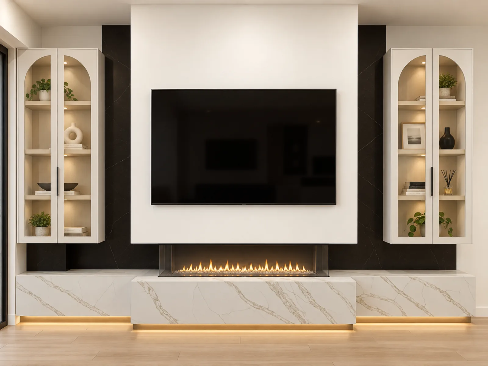 Completed Roomidea TV wall with tall glass-front display cabinets, dark panels, a linear fireplace and illuminated stone-look base storage