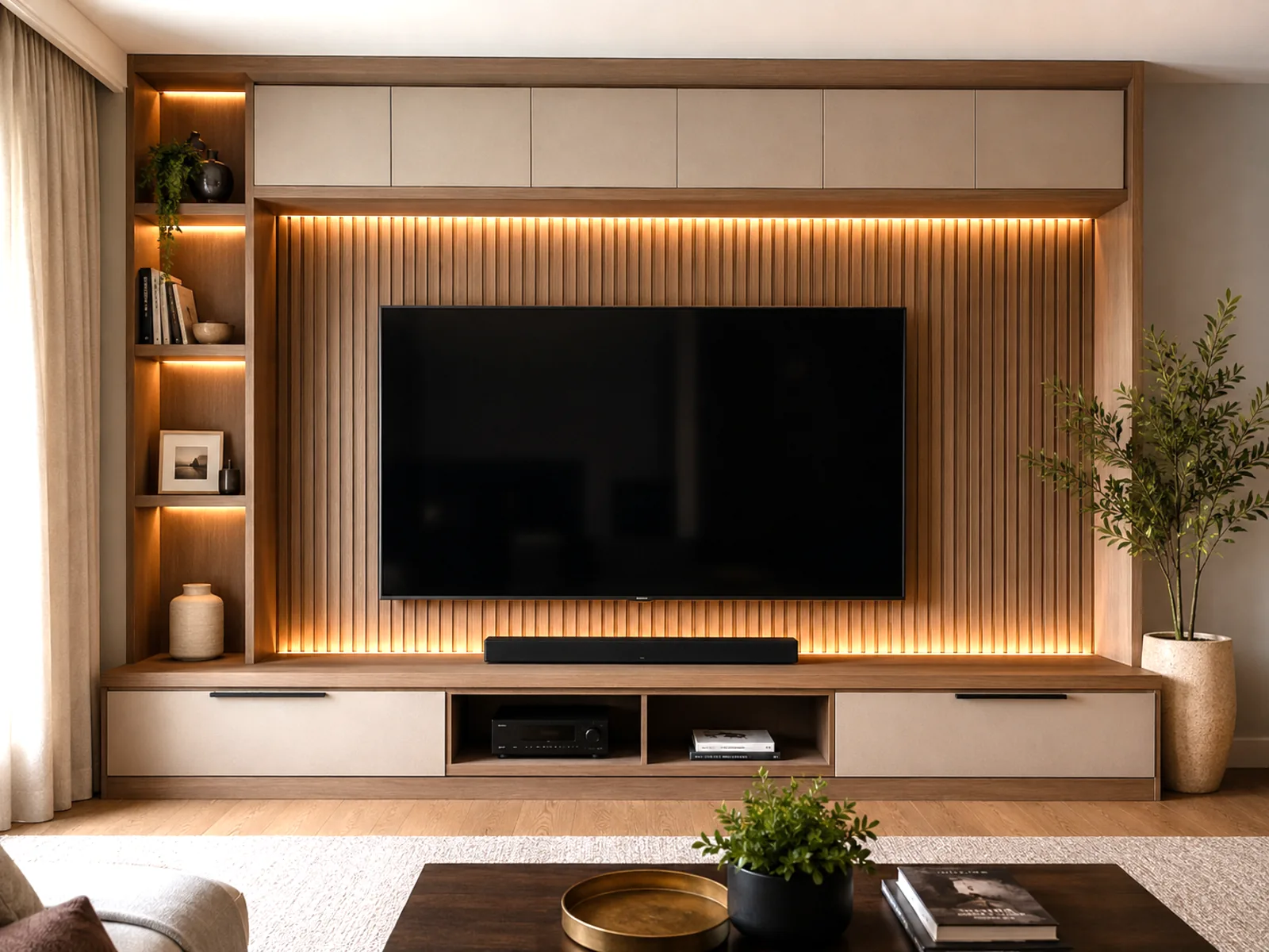 Completed Roomidea media wall with fluted woodgrain panelling, concealed upper cabinets, illuminated shelving and low equipment storage