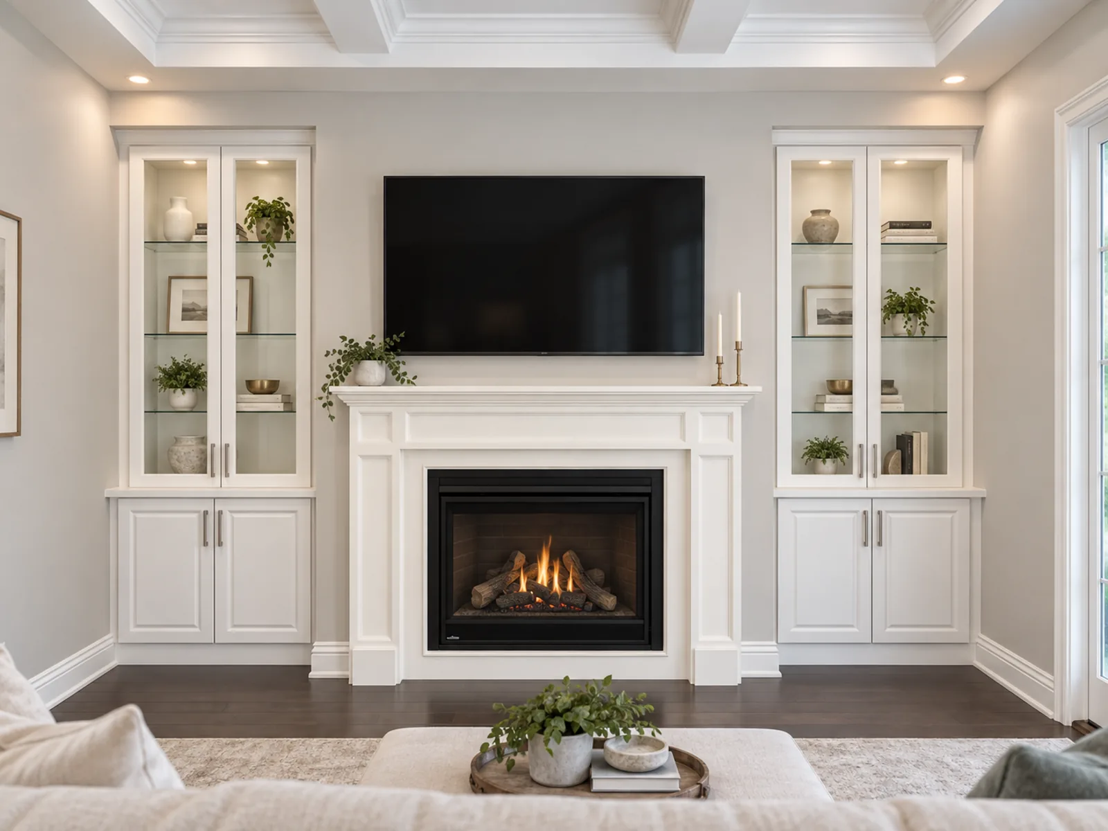 Completed Roomidea fireplace wall with symmetrical glass-front display towers, lower cabinets, a traditional mantel and a television above
