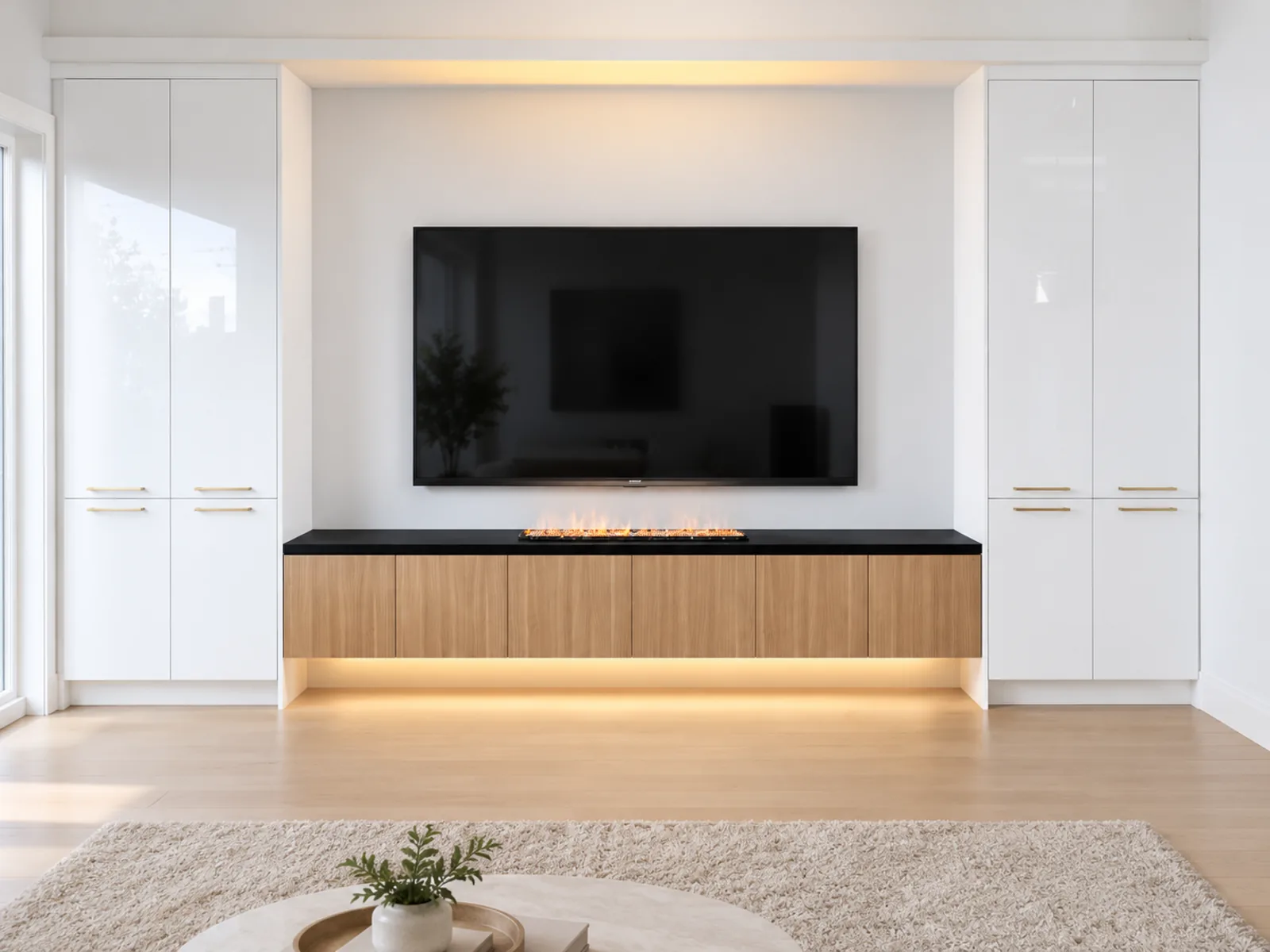 Completed Roomidea TV wall with tall white storage towers, a wood media base, integrated lighting and a linear fireplace