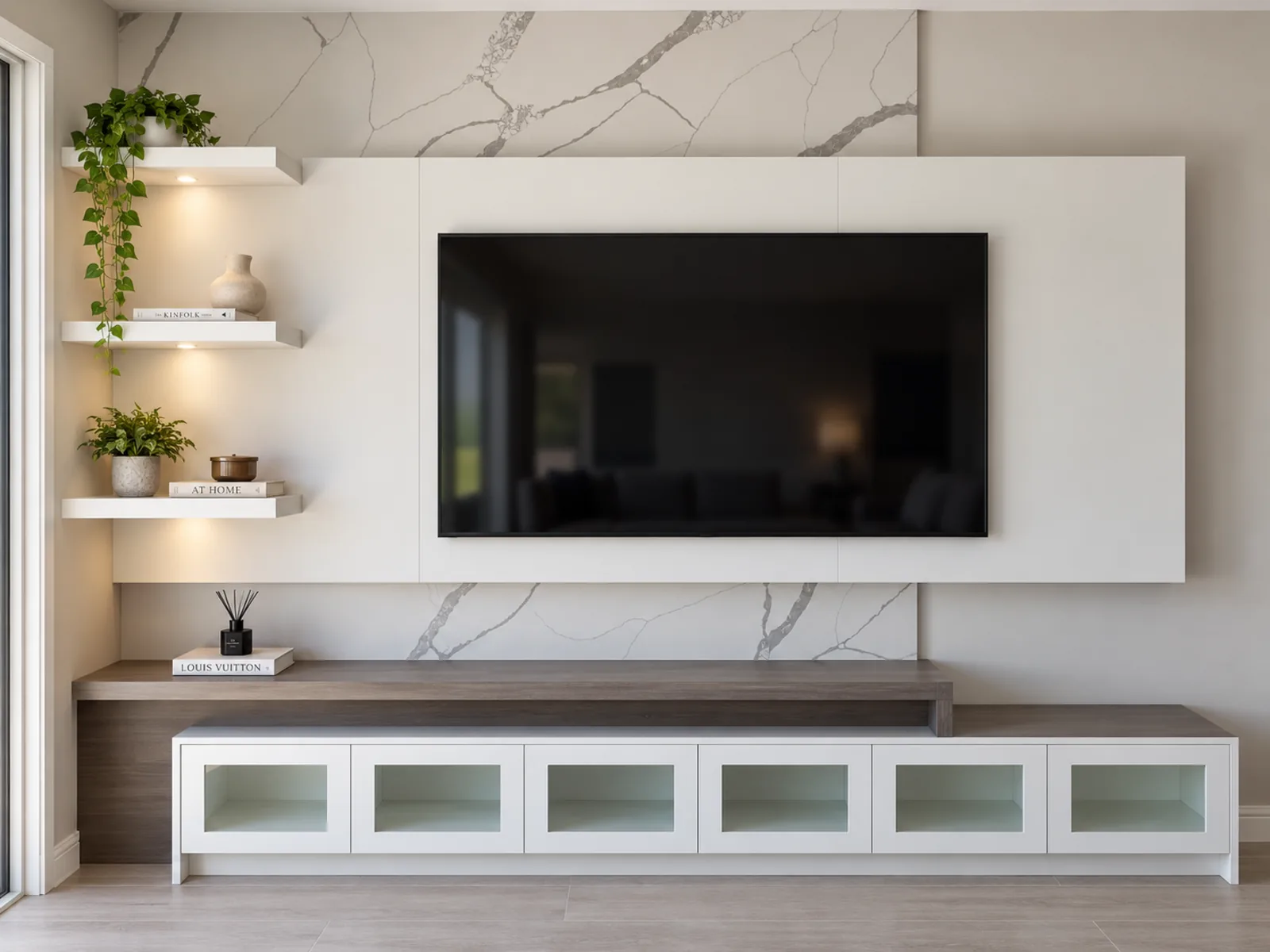 Completed Roomidea TV wall with layered white cabinetry, illuminated floating shelves, a wood-toned surface and low glass-front cabinets