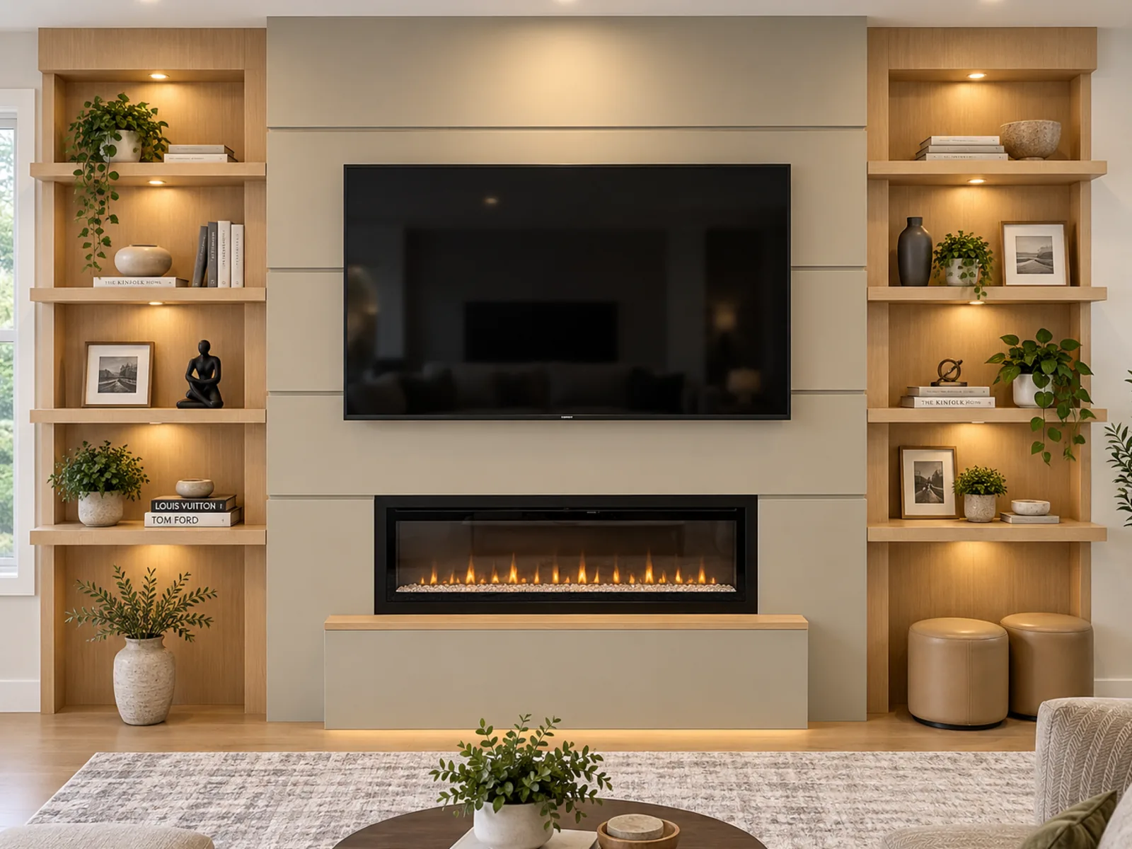 Completed Roomidea TV wall with lit wood display towers, a panelled surround, a linear fireplace and low concealed storage