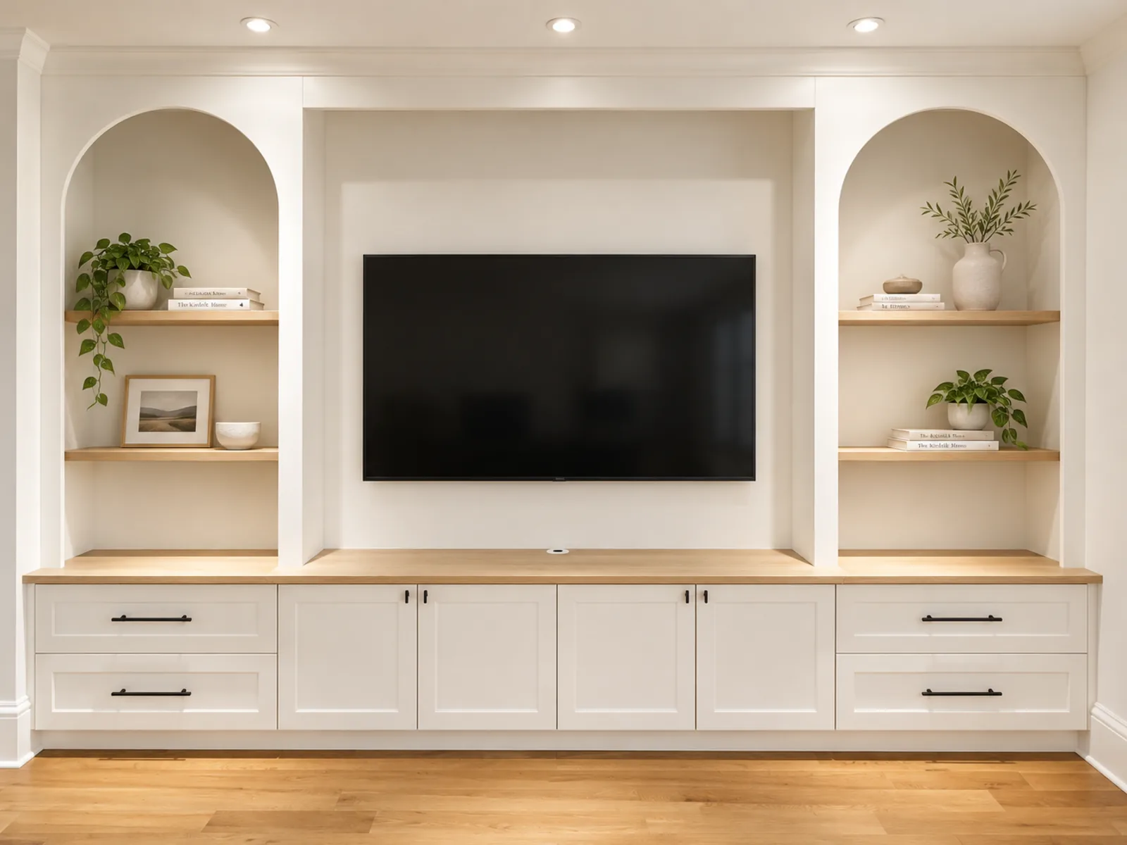 Completed Roomidea TV wall with twin arched display niches, wood shelves, profiled drawers and closed base cabinets
