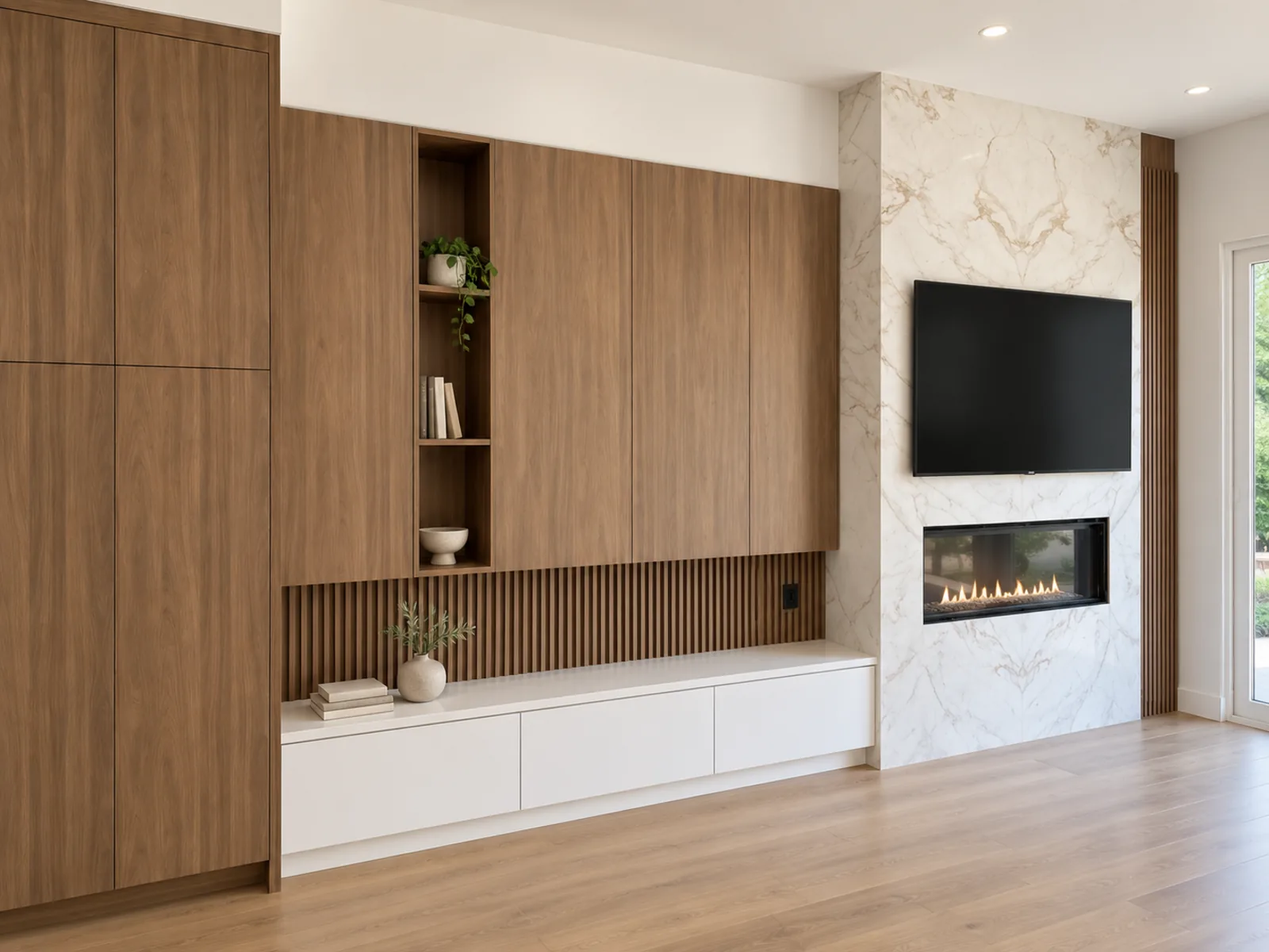 Completed Roomidea TV wall with woodgrain tall and overhead cabinets, slatted panelling, low white drawers and a marble-look fireplace surround