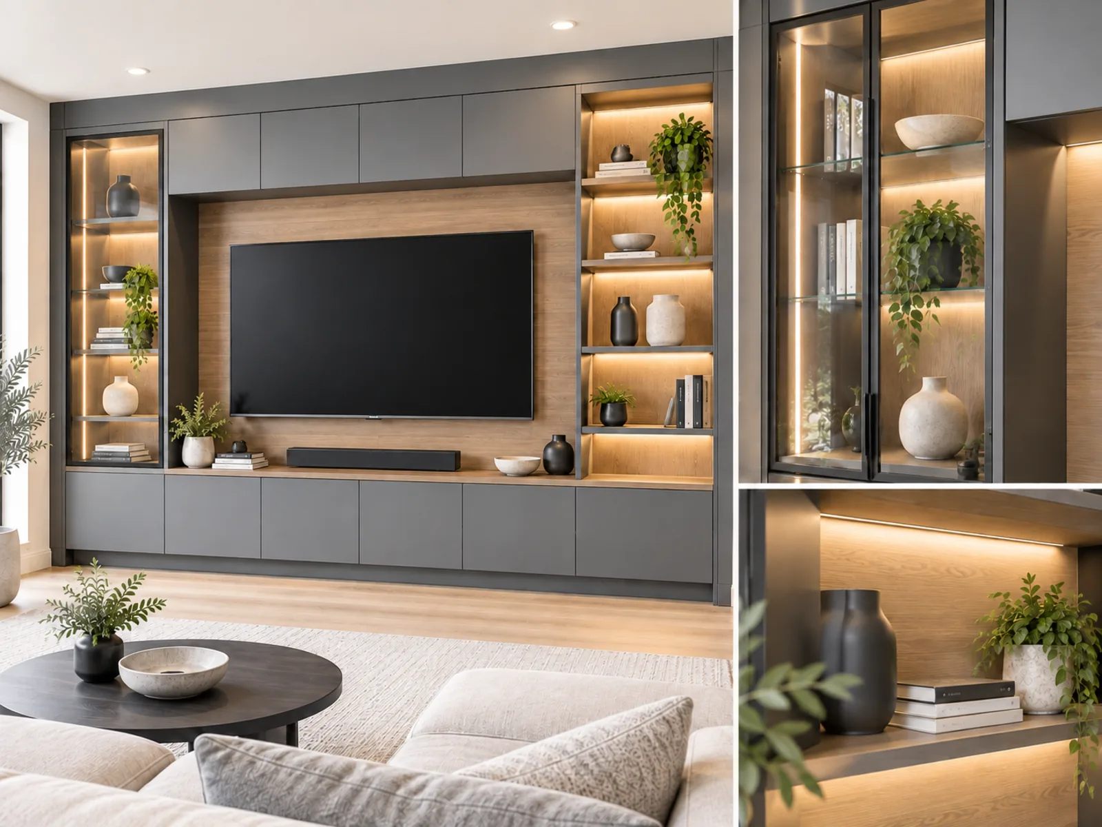 TV wall display concept with glass-front cabinets, open shelving and integrated cabinet lighting.
