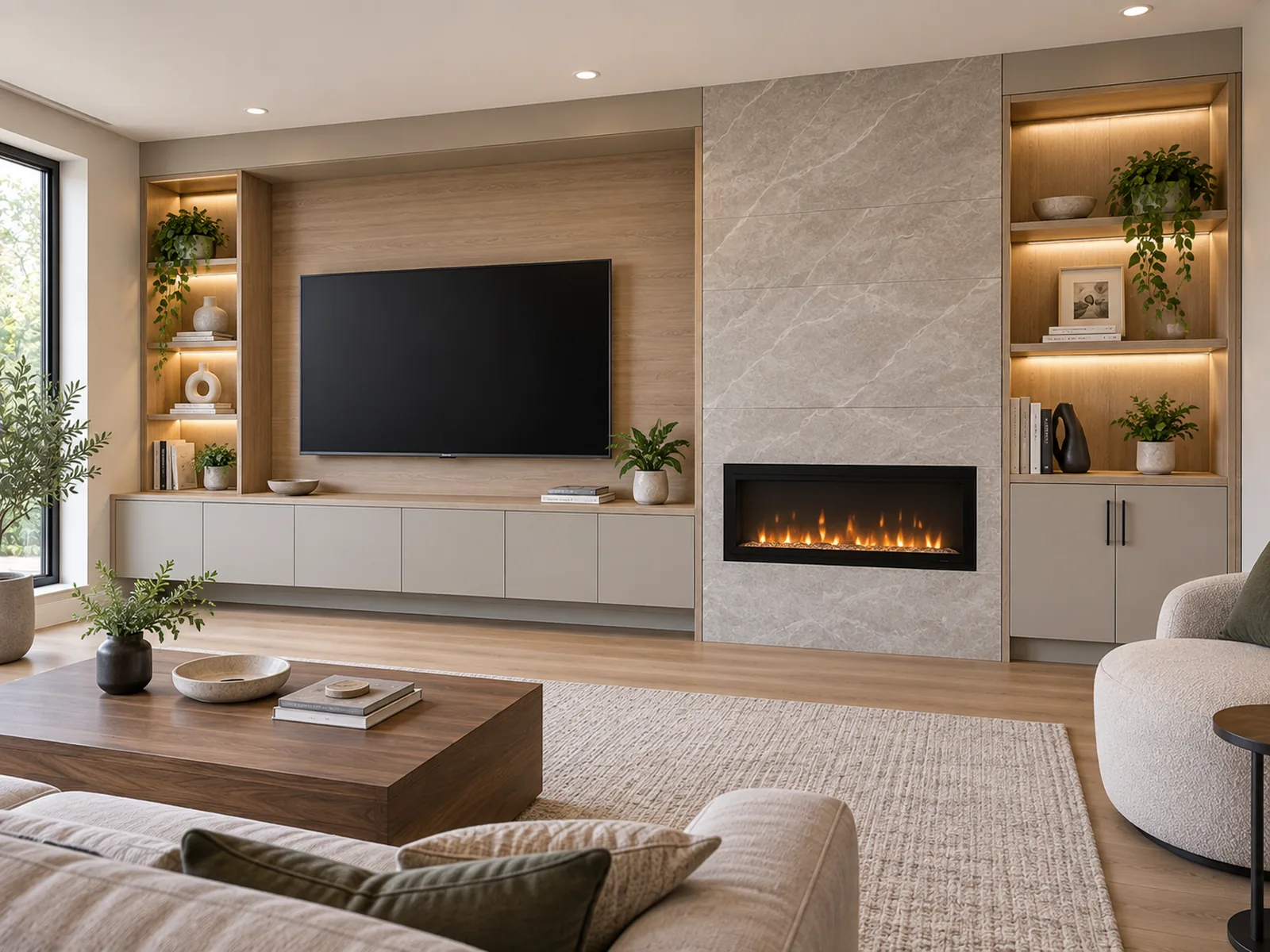 TV and fireplace wall planning concept with coordinated cabinetry, display shelving and concealed storage.