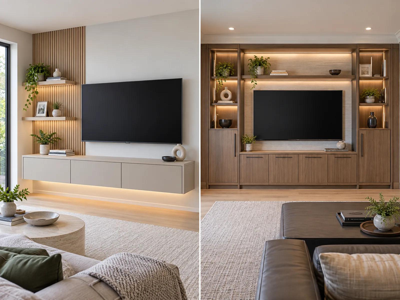 Planning concepts comparing a floating TV cabinet with a full-wall built-in entertainment unit with shelving and closed storage.