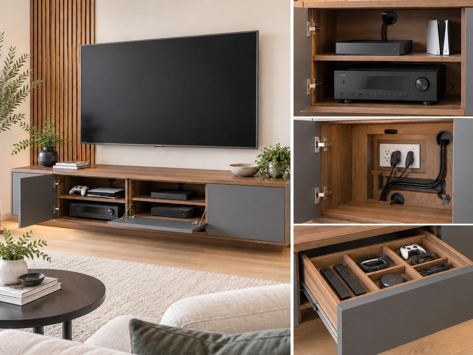Media cabinet details showing equipment storage, cable and power access, ventilation space and divided storage for controls.