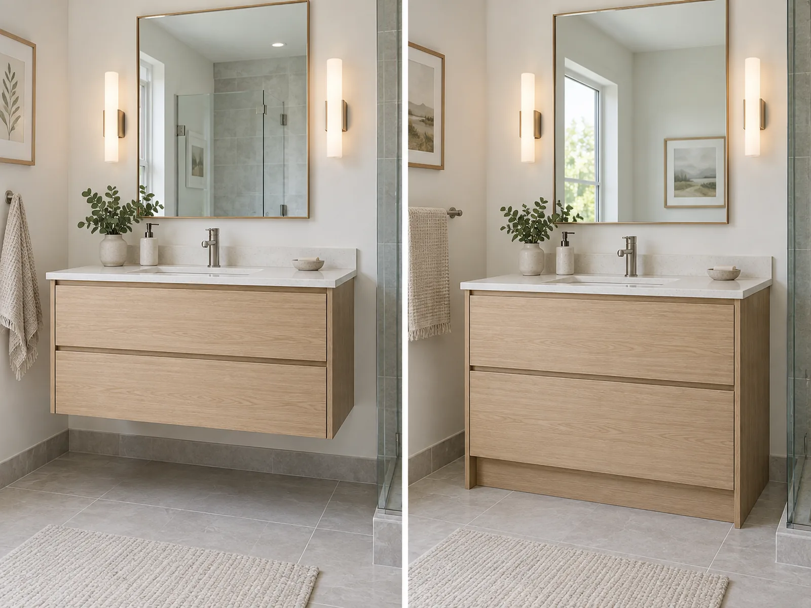 Bathroom vanity concepts comparing a wall-mounted floating cabinet with a floor-standing cabinet on a recessed base.