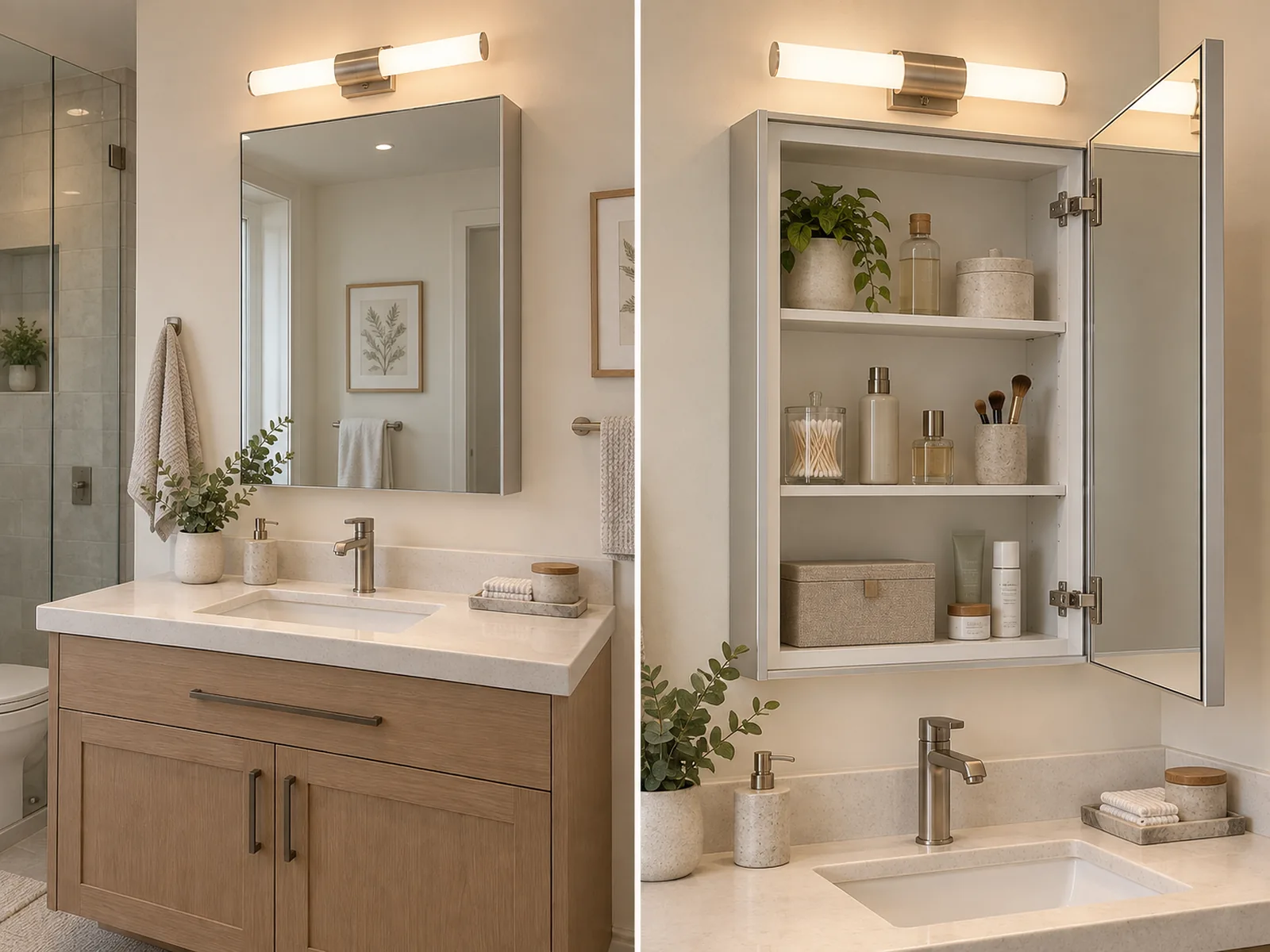 Mirrored medicine cabinet shown closed and open, revealing interior shelving beside coordinated bathroom lighting.