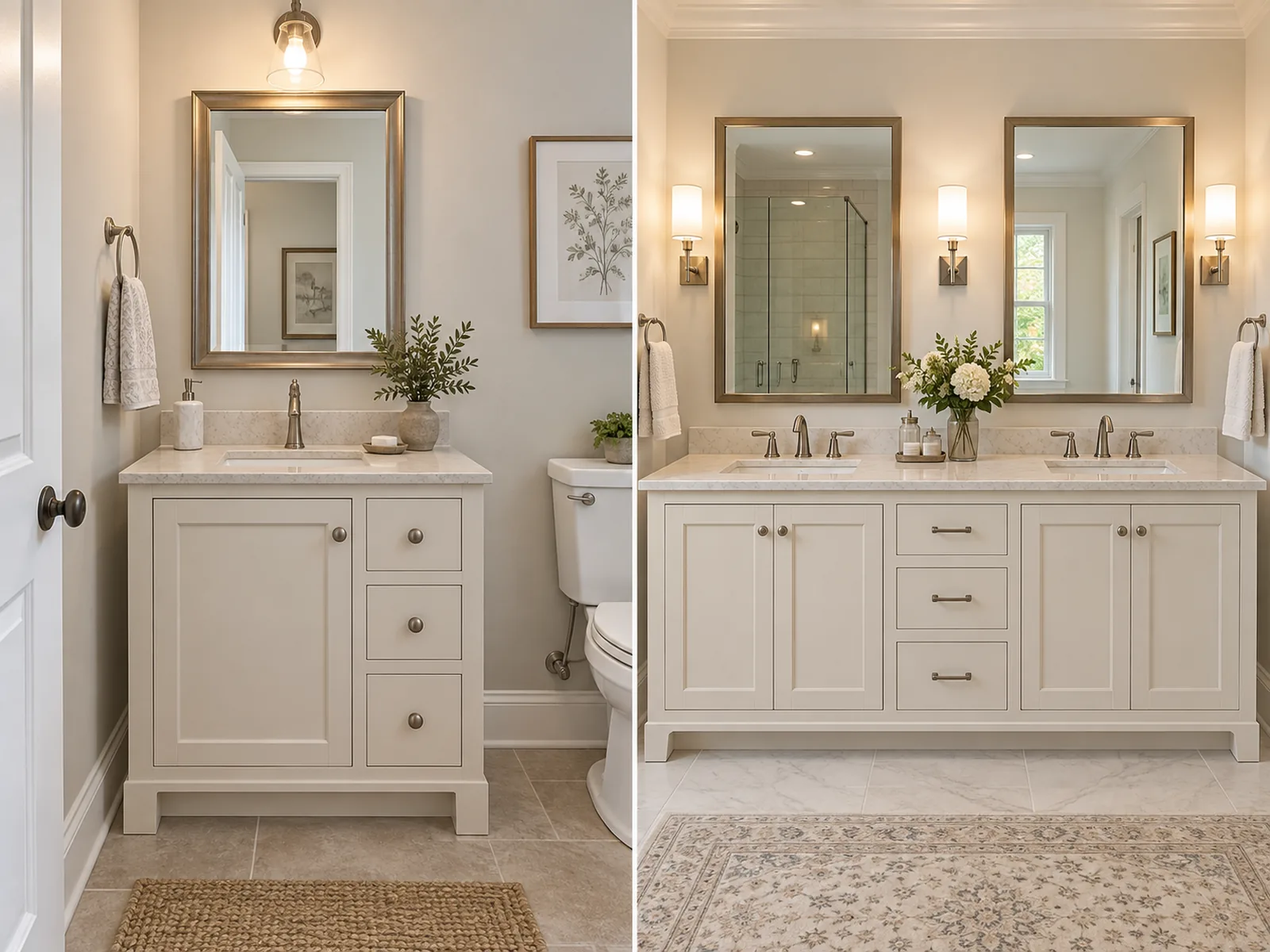Bathroom vanity planning concepts comparing a compact single-sink cabinet with a wider double-sink vanity and coordinated storage.