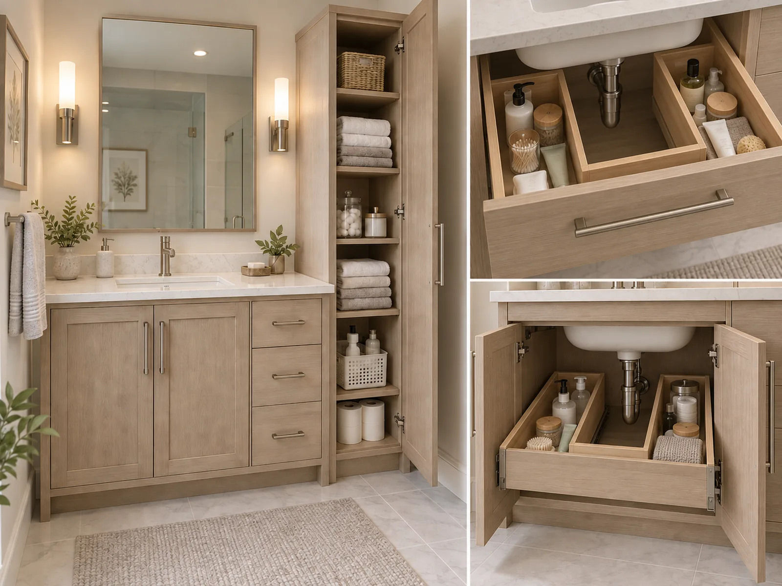 Bathroom vanity and linen storage with U-shaped under-sink drawers shown with an attached drawer front and behind hinged cabinet doors.