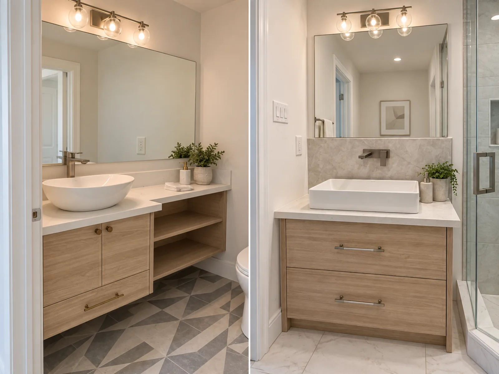Completed Roomidea bathroom cabinetry examples with compact wood-toned vanities, vessel sinks, a floating cabinet, open shelves and drawer storage