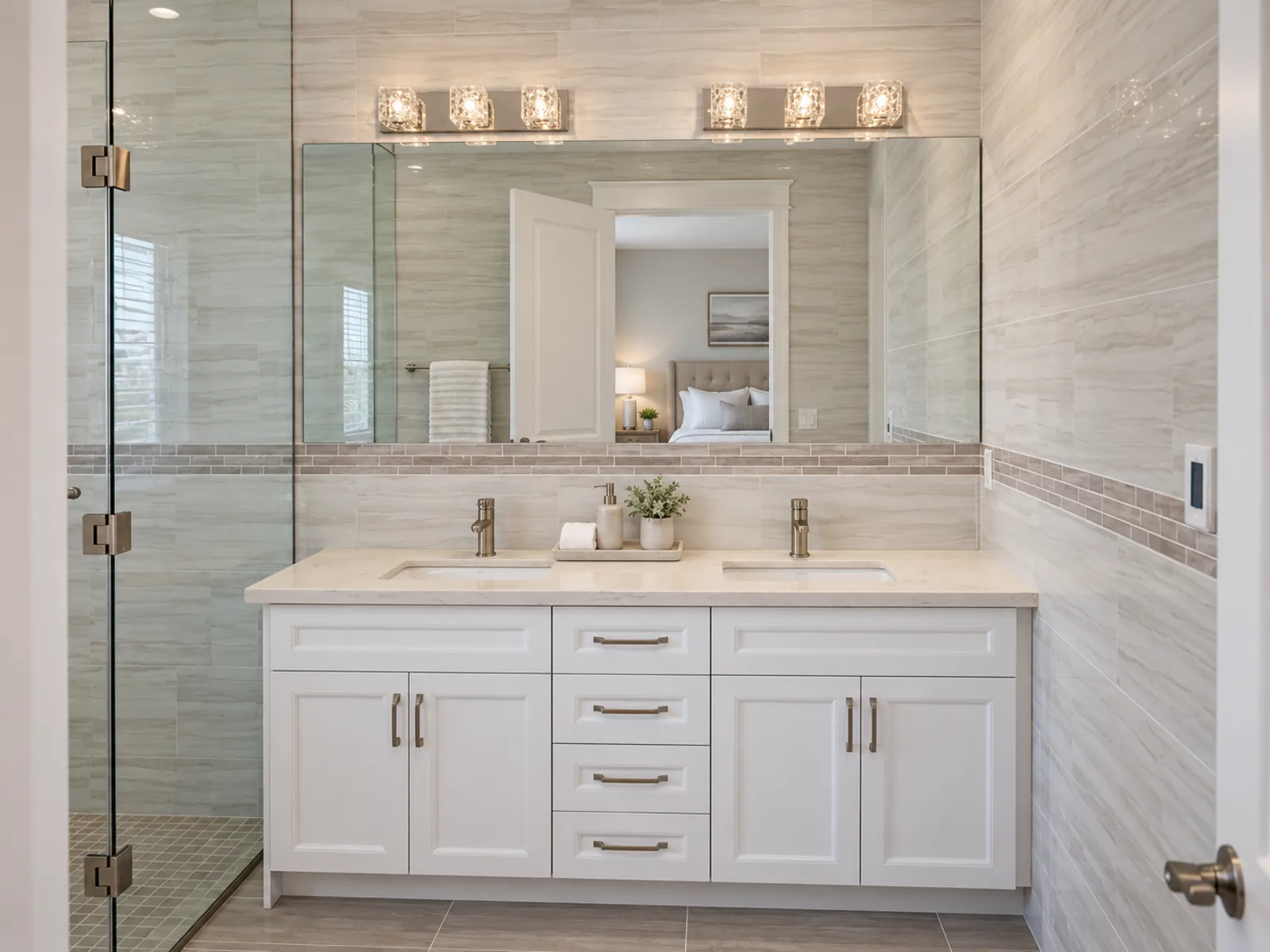 Completed Roomidea bathroom with a white profiled double vanity, centre drawers, sink cabinets and a wide wall mirror