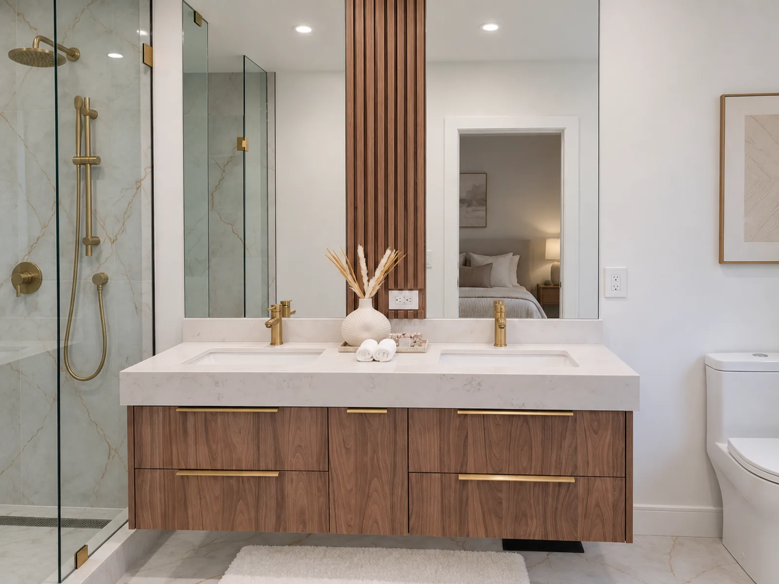 Completed Roomidea bathroom with a floating woodgrain double vanity, two drawer banks, paired sinks and a wall-wide mirror with a vertical wood accent