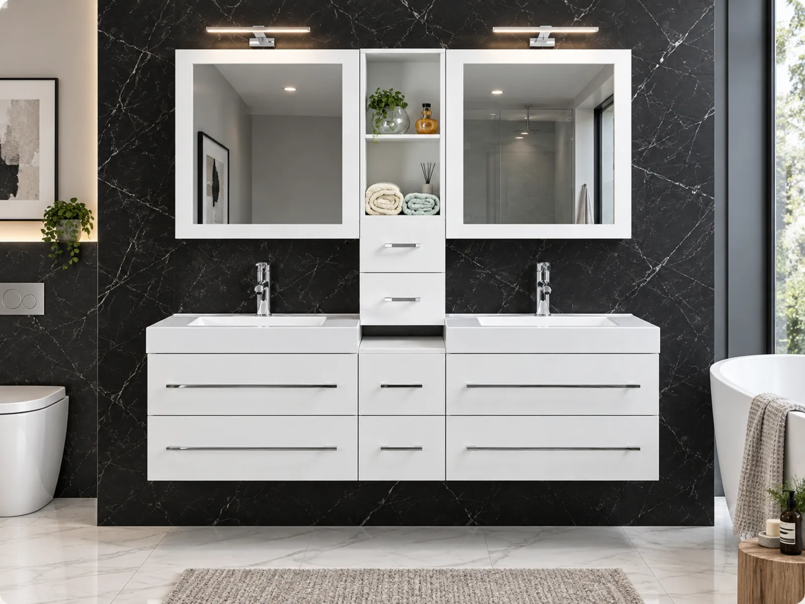Completed Roomidea bathroom with a white floating double vanity, wide drawers, two mirrored cabinets and central open shelves