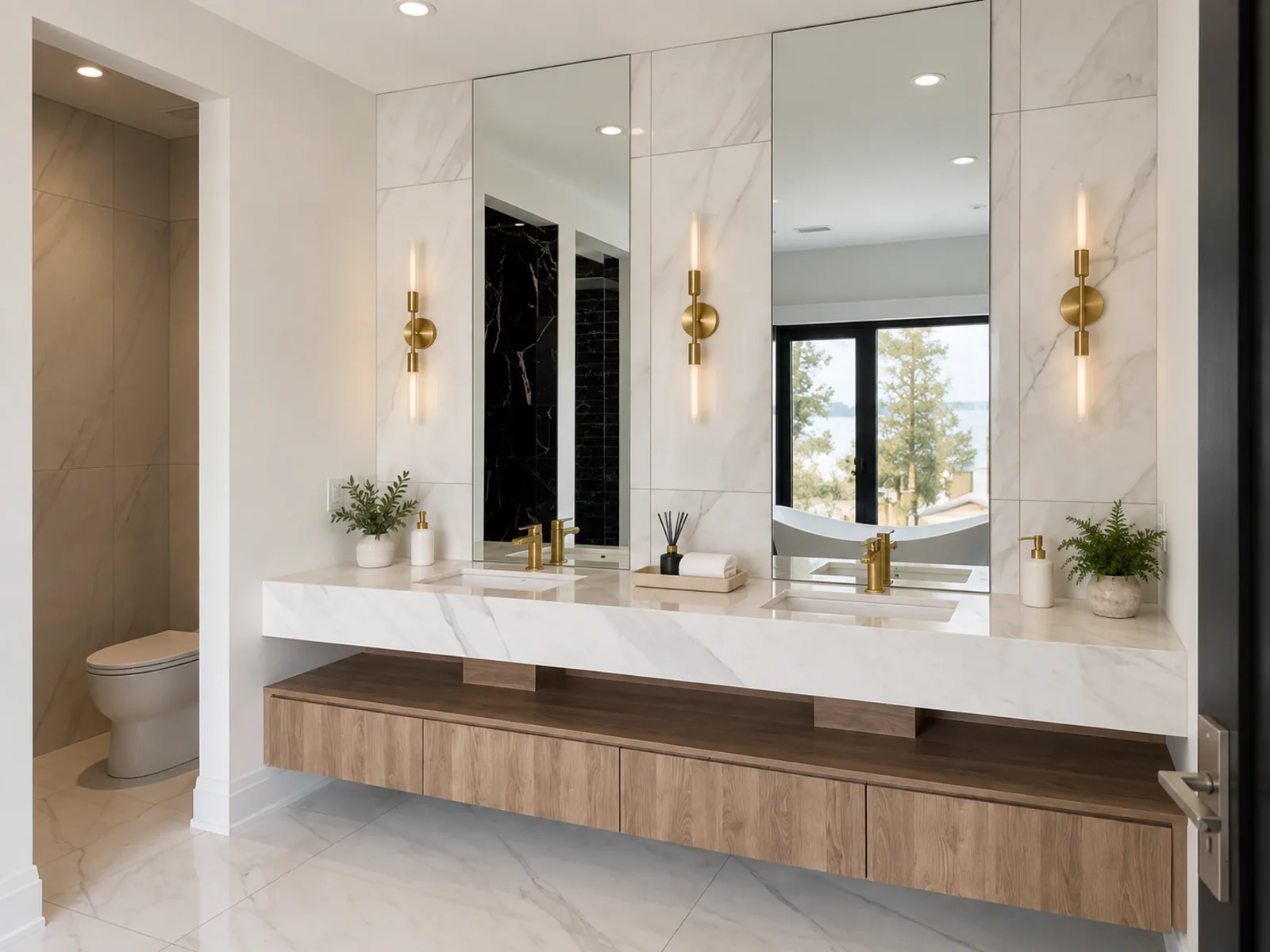 Completed Roomidea bathroom with a long floating wood-toned double vanity, continuous drawer storage, separate mirrors and wall lighting