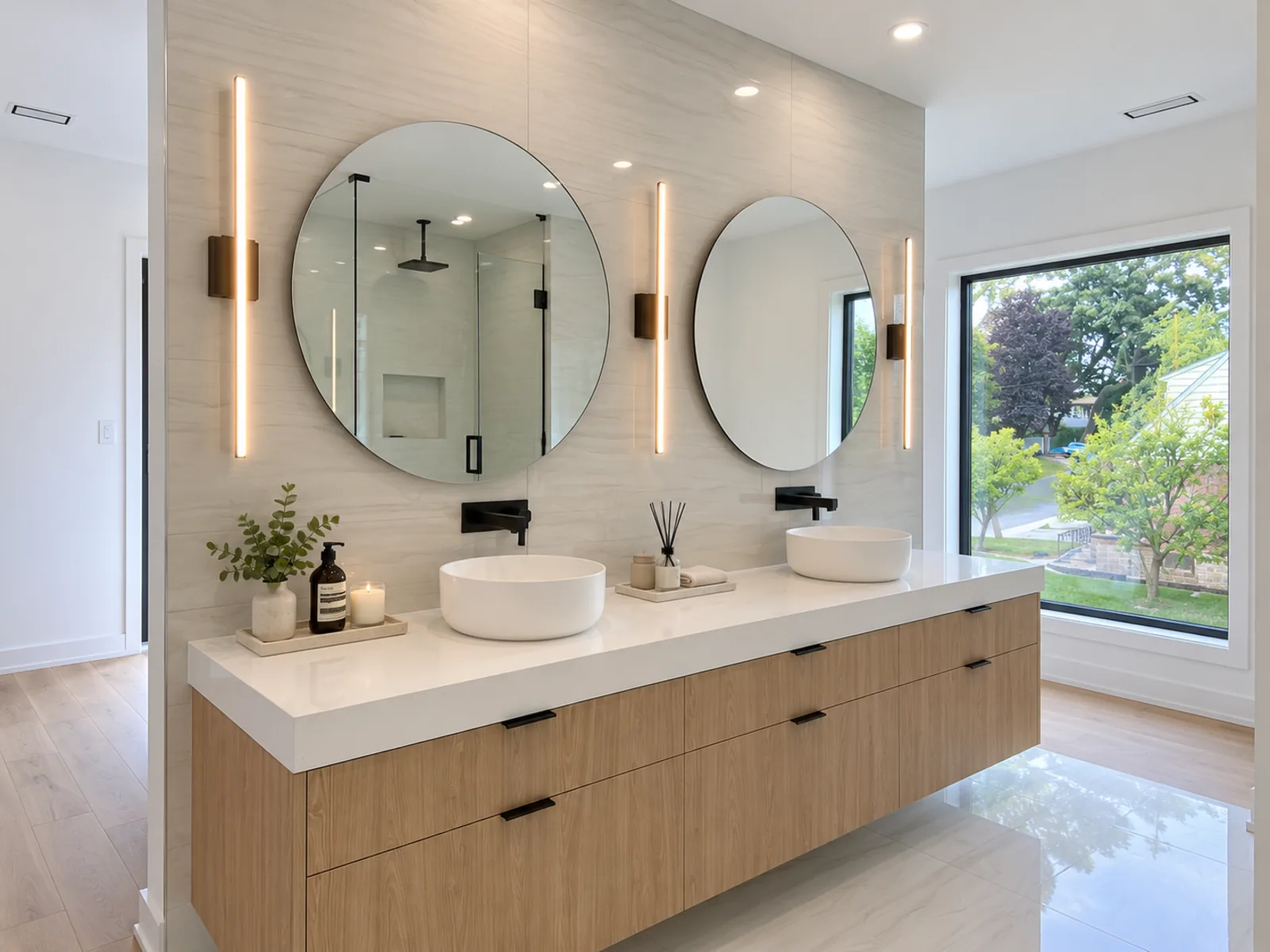 Completed Roomidea bathroom with a floating wood-toned double vanity, broad drawers, vessel sinks, round mirrors and vertical wall lighting