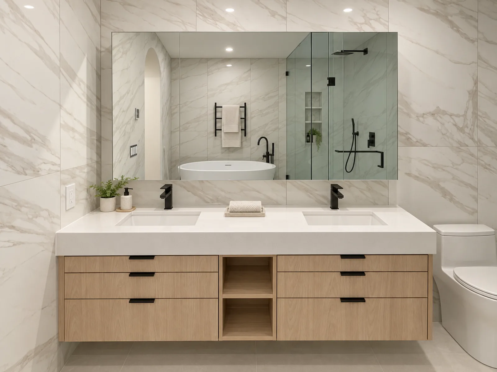 Completed Roomidea bathroom with a floating wood-toned double vanity, two drawer banks, central open shelves and a wall-wide mirror