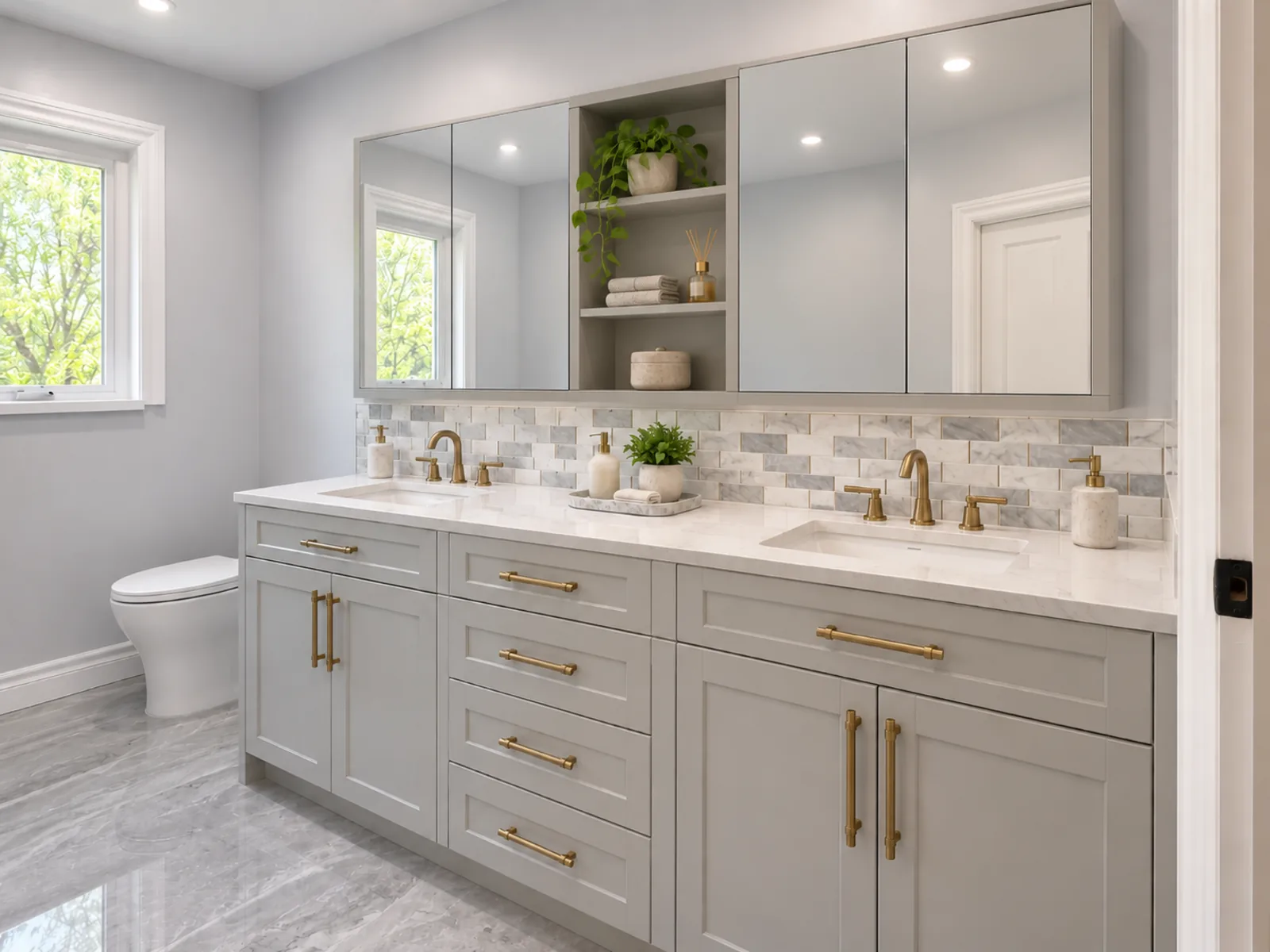 Completed Roomidea bathroom with a grey profiled double vanity, door and drawer storage, mirrored upper cabinets and central open shelves