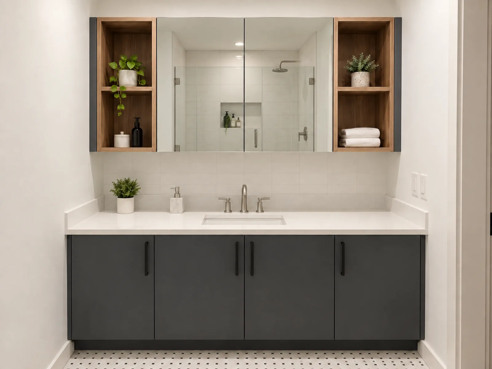Completed Roomidea bathroom with a dark floor-standing vanity, two-door mirrored cabinet and wood-toned open shelves