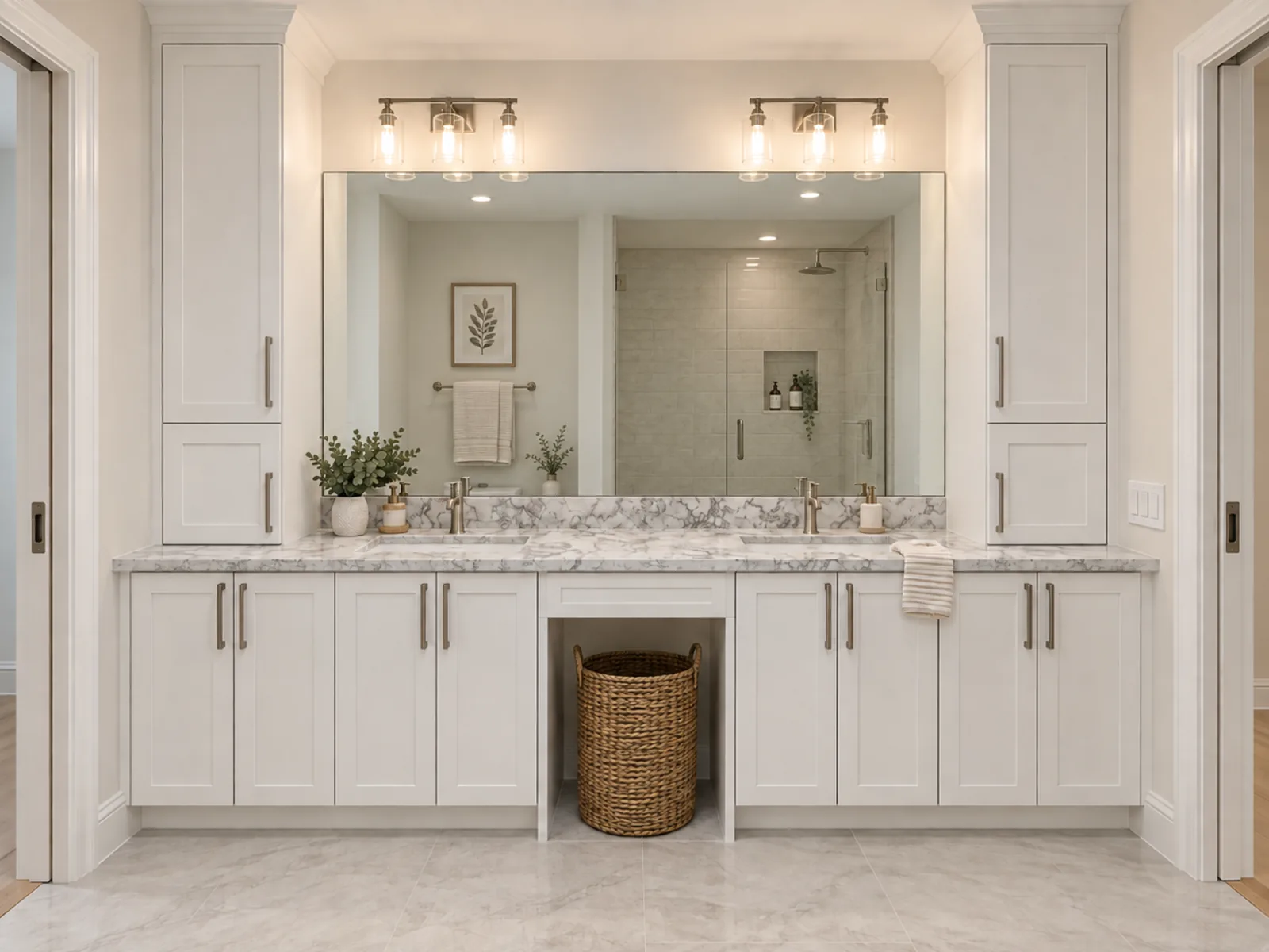 Completed Roomidea bathroom with a white profiled double vanity, tall side cabinets, a large mirror and an open central niche