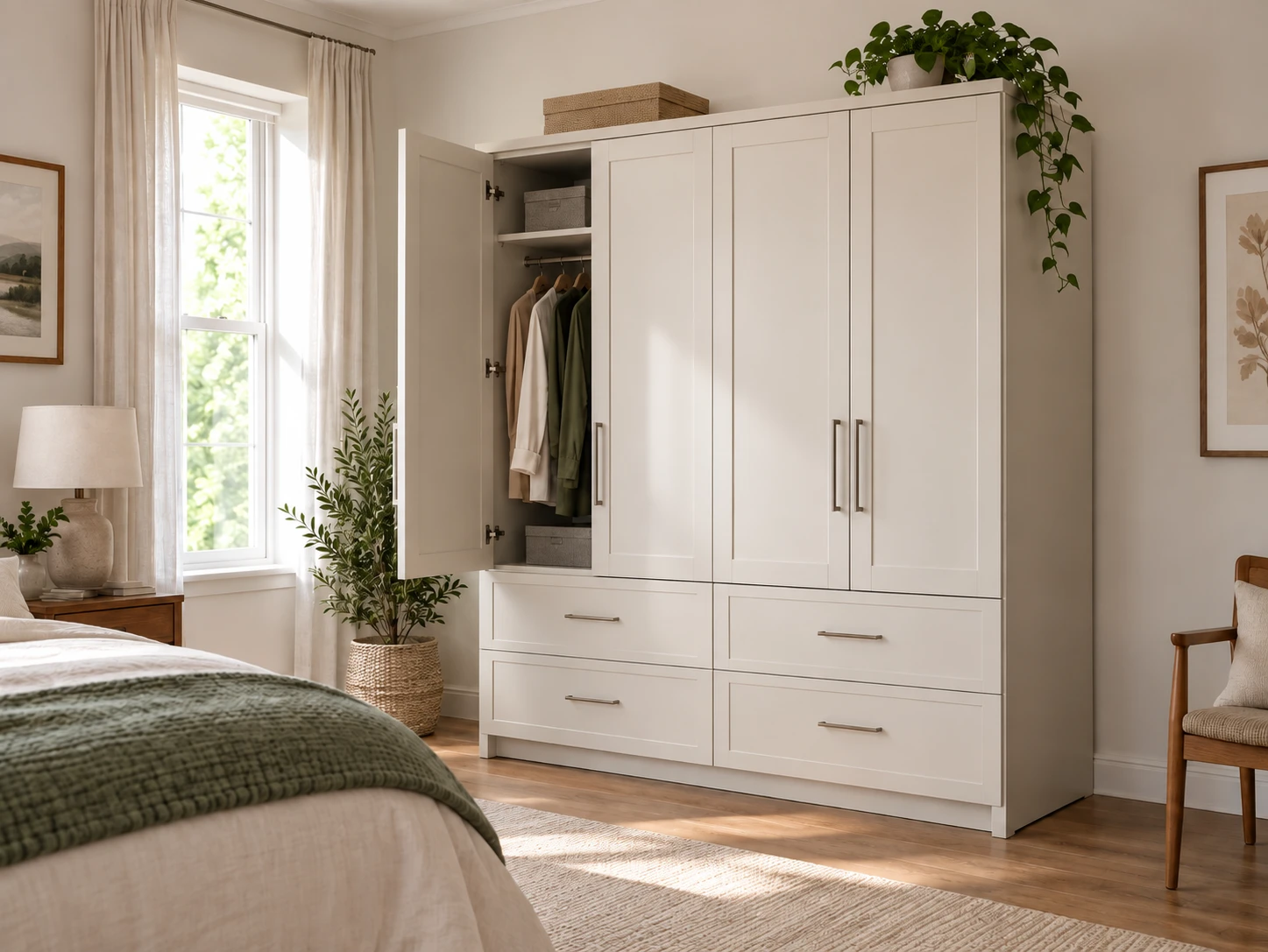 Custom freestanding wardrobe with finished side panels, visible edges, and coordinated storage organization.