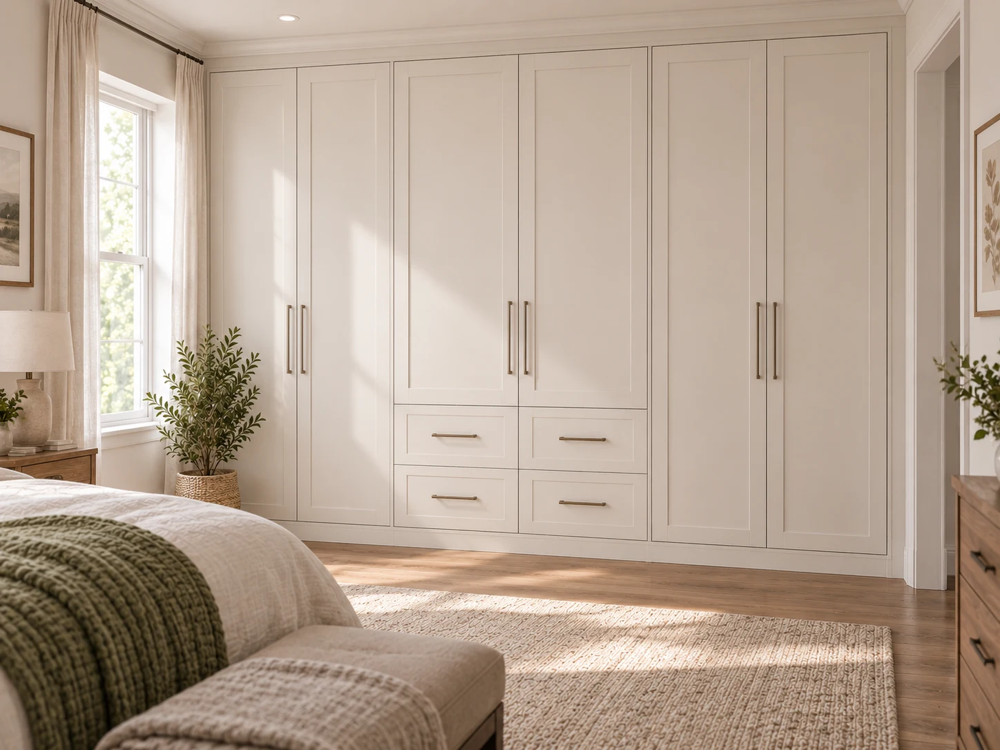 Completed Roomidea floor-to-ceiling built-in wardrobe fitted between surrounding walls with coordinated perimeter finishing.