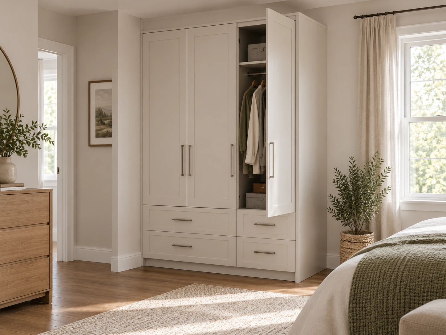 Partially fitted wardrobe with one visible exposed side, top trim, and practical storage layout.