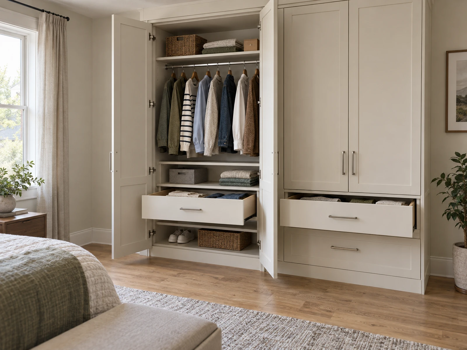 Completed Roomidea built-in wardrobe with hinged doors open to show shelves, hanging space, interior drawers, and clear floor space in front.