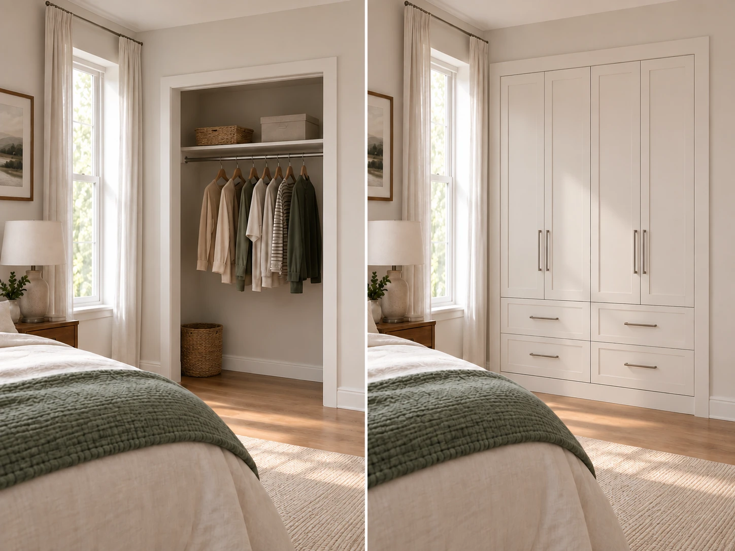 Converted reach-in closet with room-facing hinged wardrobe layout and continuous storage surfaces.