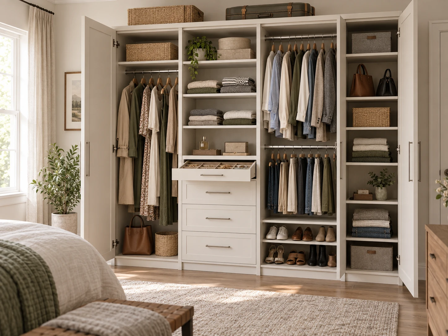 Wardrobe interior with hanging rails, adjustable shelves, drawers, and mixed storage zones for clothes and accessories.