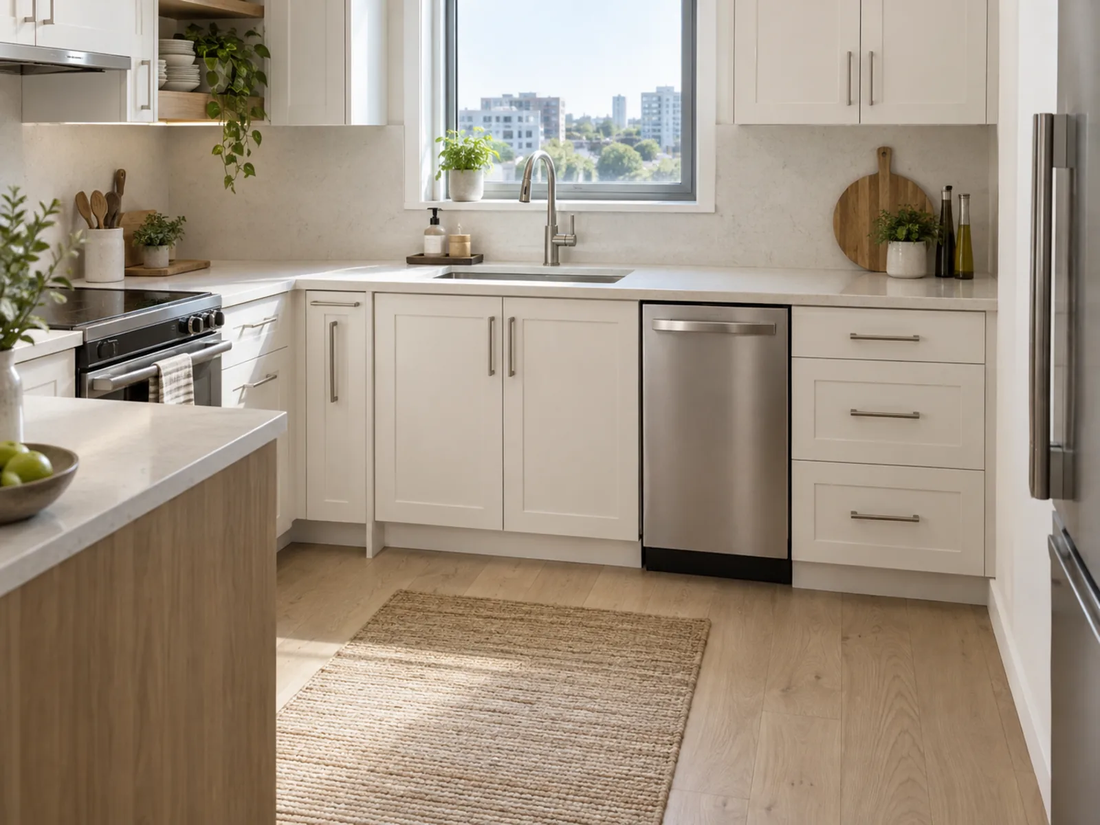 Kitchen planning concept showing a dishwasher beside the sink and adjacent base cabinets