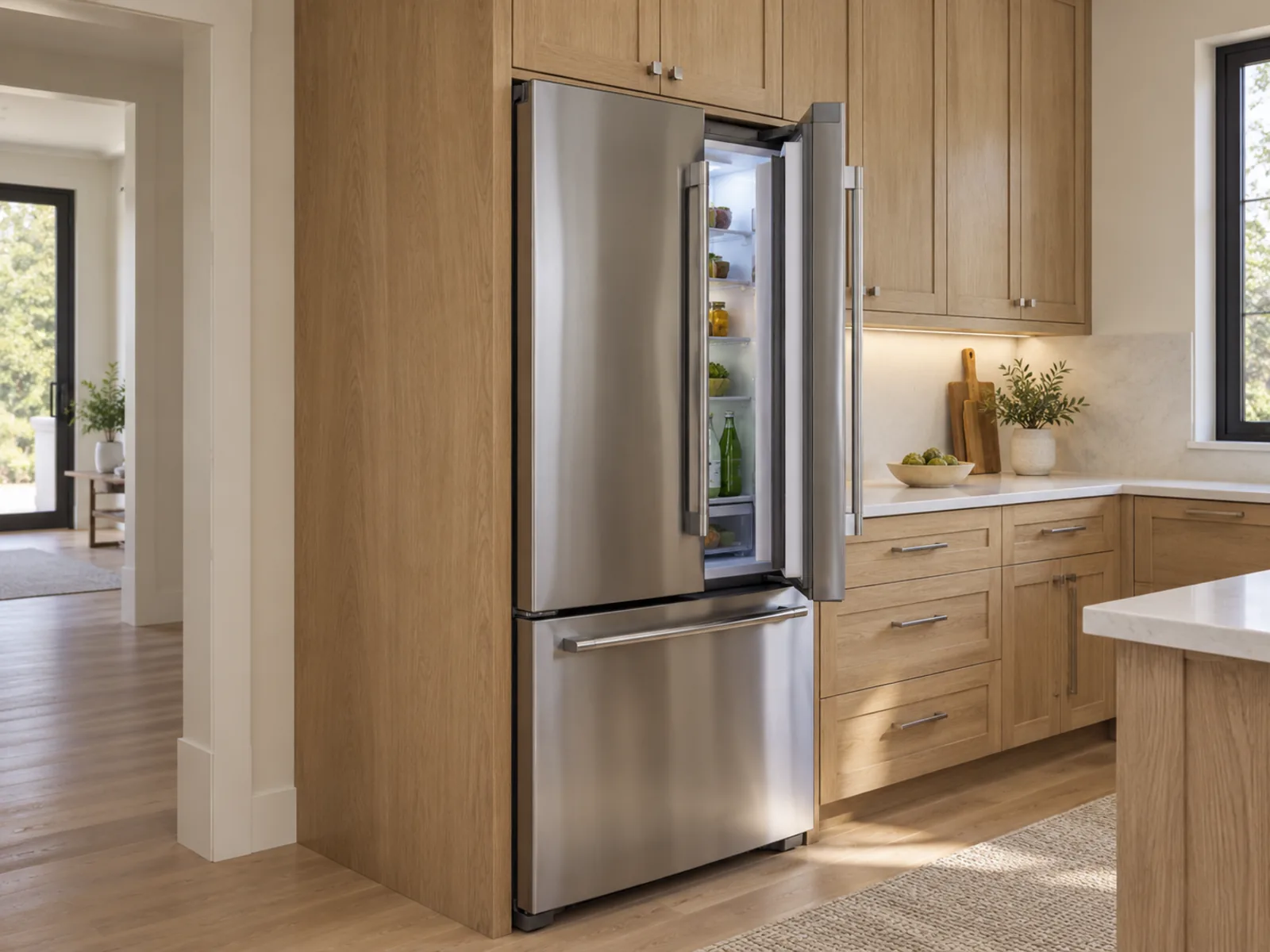 Kitchen planning concept showing refrigerator depth in relation to the countertop and surrounding cabinets
